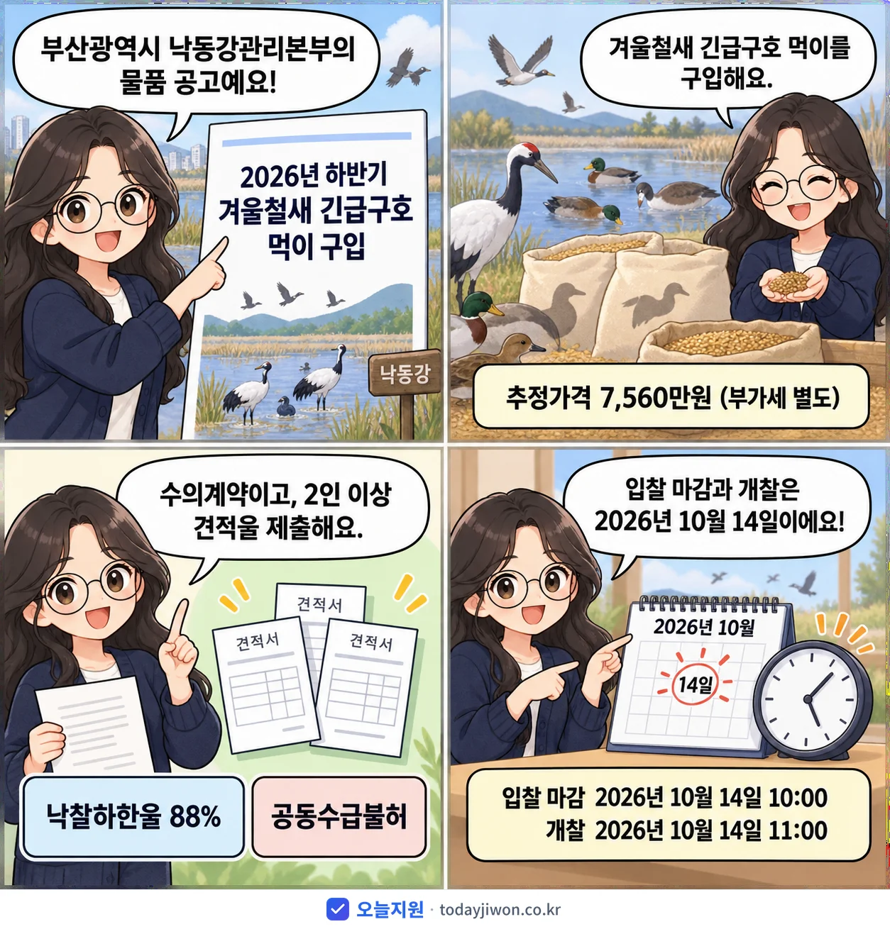 4컷 만화로 보는 공고: 부산광역시 낙동강관리본부 '하반기 겨울철새 긴급구호 먹이 구입', 추정가격 7,560만원, 입찰 마감 10/14 10:00