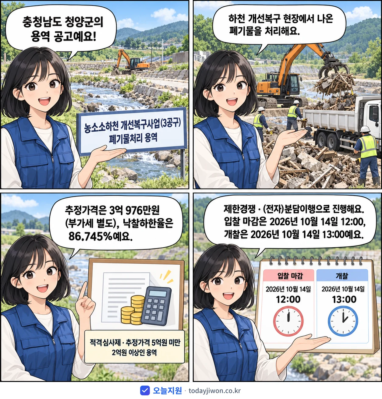 4컷 만화로 보는 공고: 충청남도 청양군 '농소소하천 개선복구사업(3공구) 폐기물처리 용역', 추정가격 3억 976만원, 입찰 마감 10/14 12:00