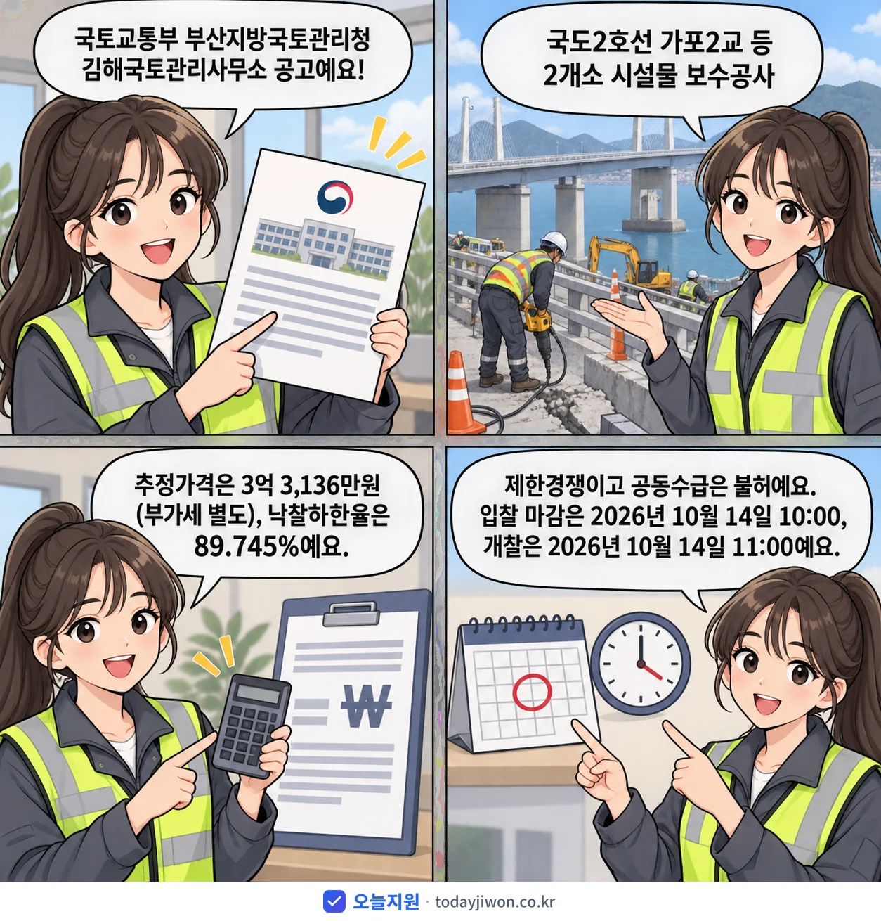 4컷 만화로 보는 공고: 국토교통부 부산지방국토관리청 김해국토관리사무소 '국도2호선 가포2교 등 2개소 시설물 보수공사', 추정가격 3억 3,136만원, 입찰 마감 10/14 10:00