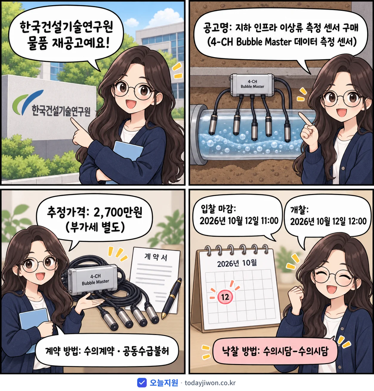 4컷 만화로 보는 공고: 한국건설기술연구원 '지하 인프라 이상류 측정 센서 구매(4-CH Bubble Master…', 추정가격 2,700만원, 입찰 마감 10/12 11:00