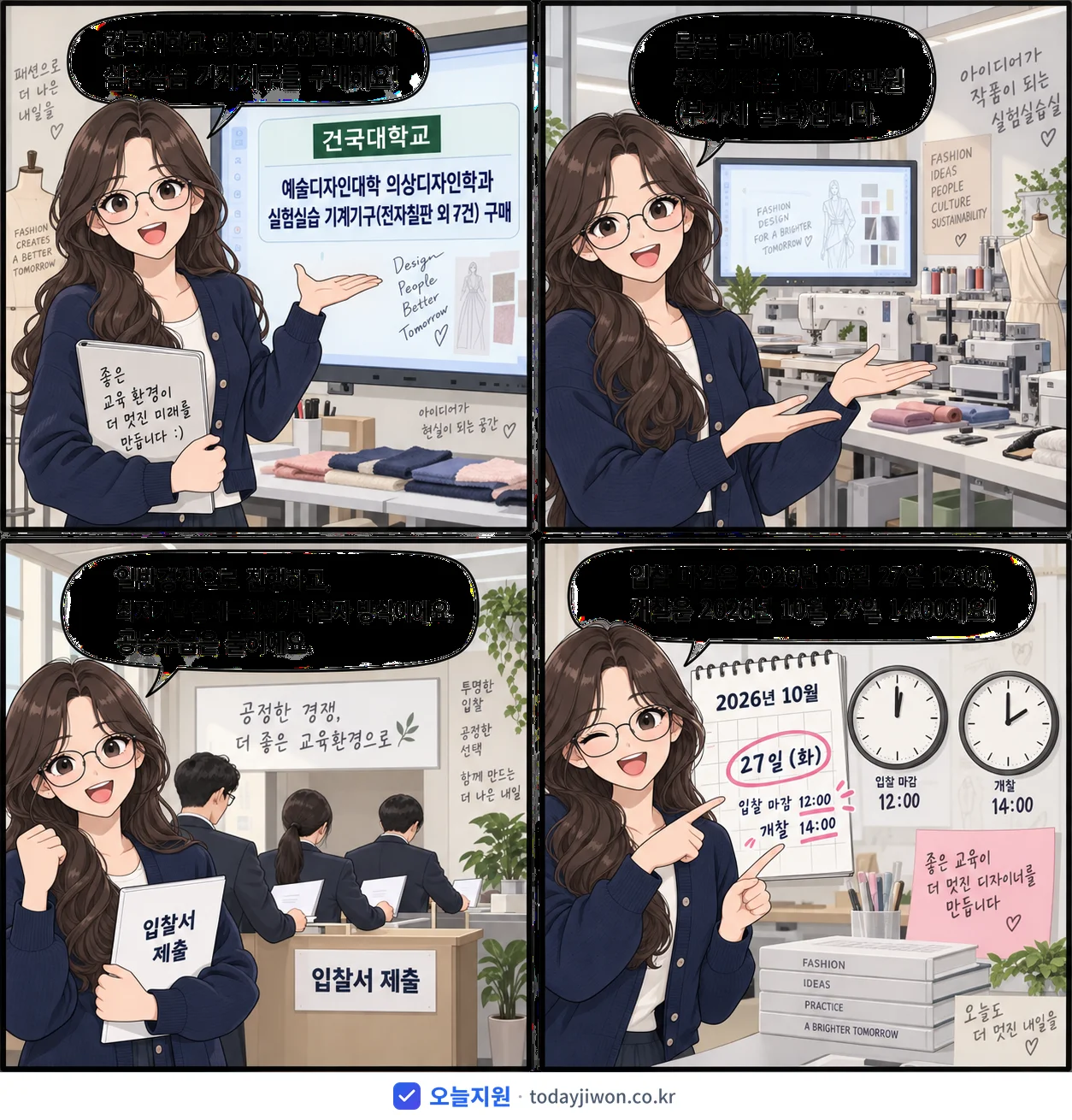 4컷 만화로 보는 공고: 건국대학교 '예술디자인대학 의상디자인학과 실험실습 기계기구(전자칠판 외 7건) 구매', 추정가격 1억 718만원, 입찰 마감 10/27 12:00