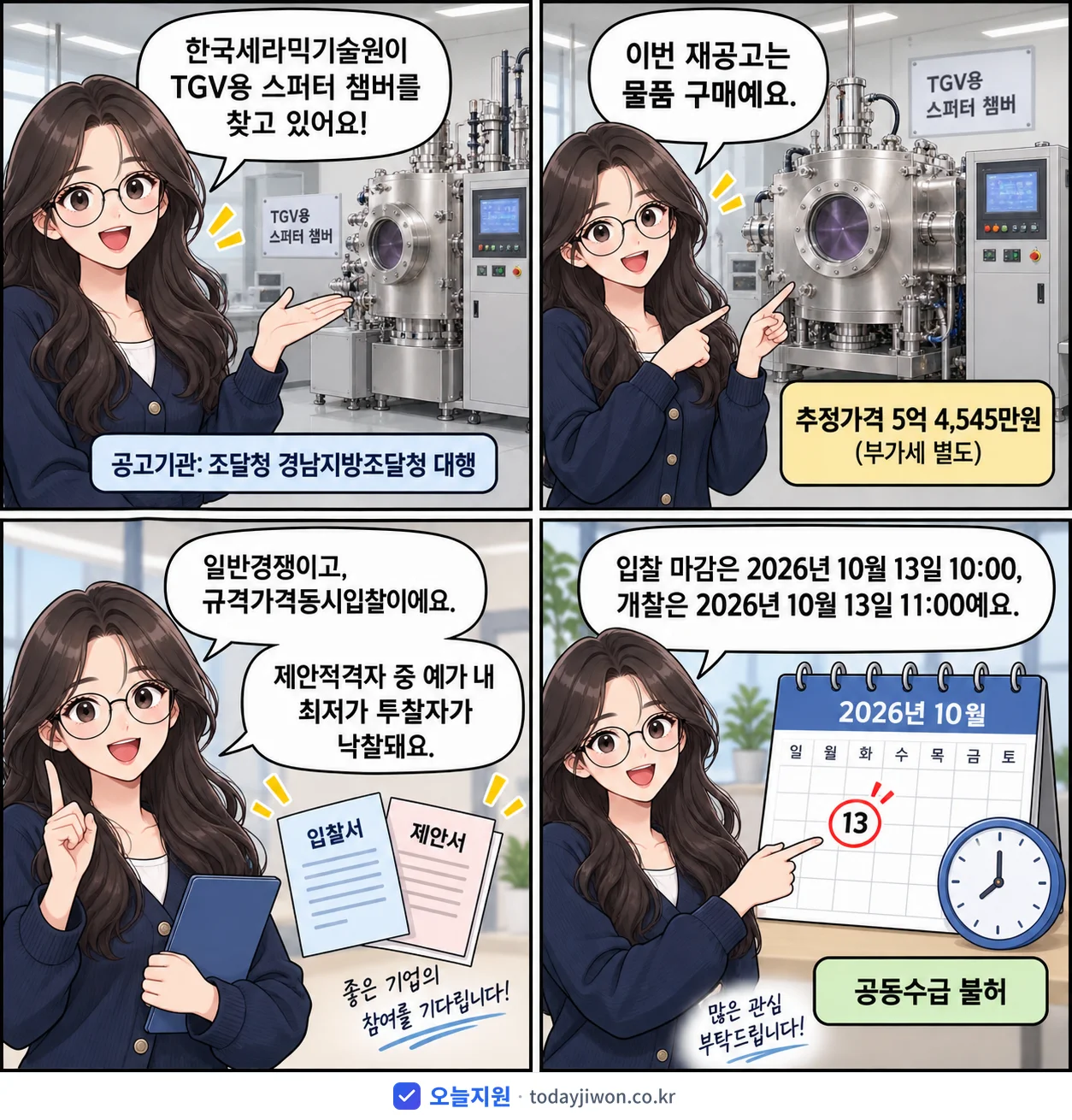 4컷 만화로 보는 공고: 한국세라믹기술원 'TGV용 스퍼터 챔버', 추정가격 5억 4,545만원, 입찰 마감 10/13 10:00