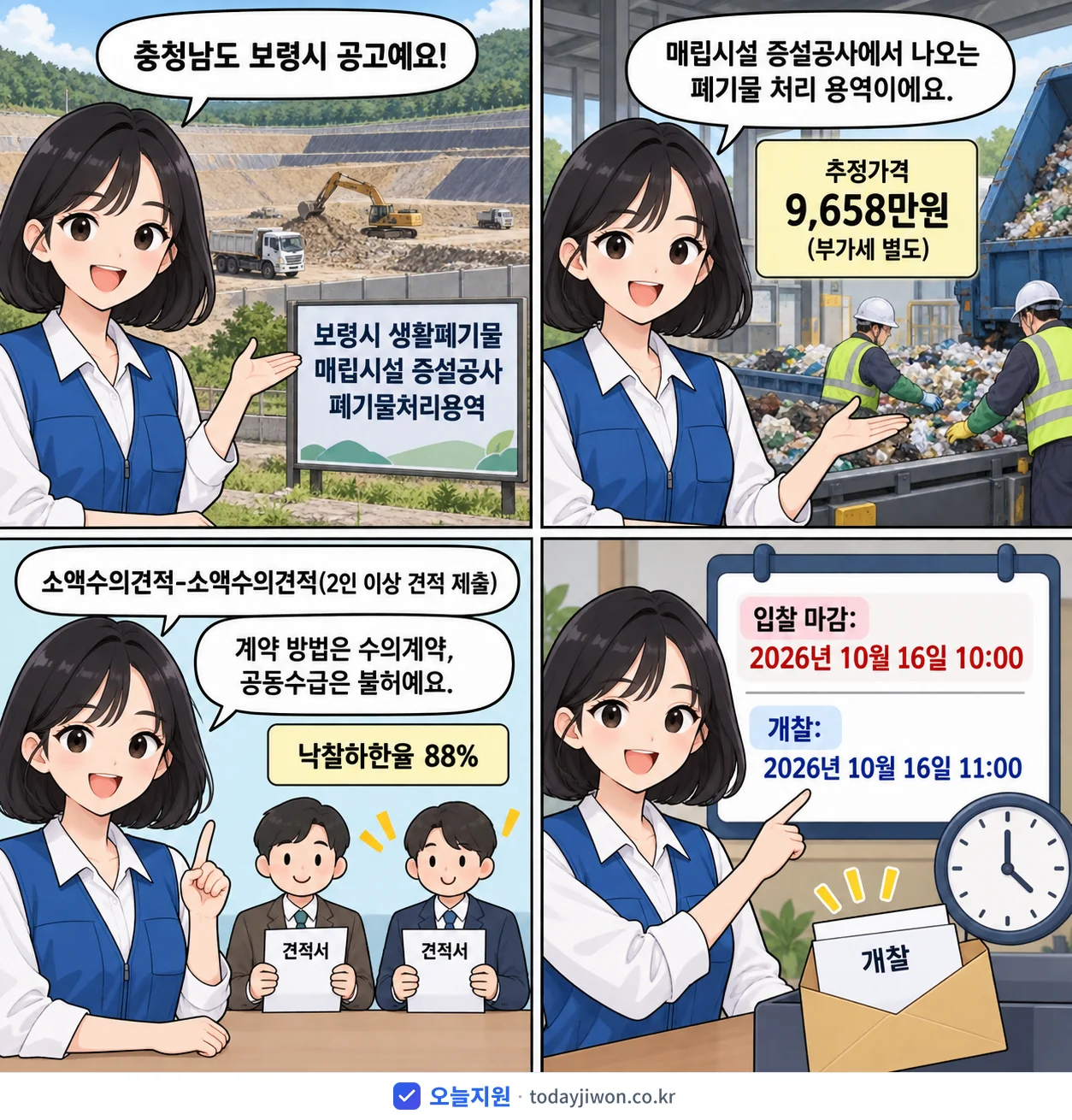 4컷 만화로 보는 공고: 충청남도 보령시 '보령시 생활폐기물 매립시설 증설공사 폐기물처리용역', 추정가격 9,658만원, 입찰 마감 10/16 10:00