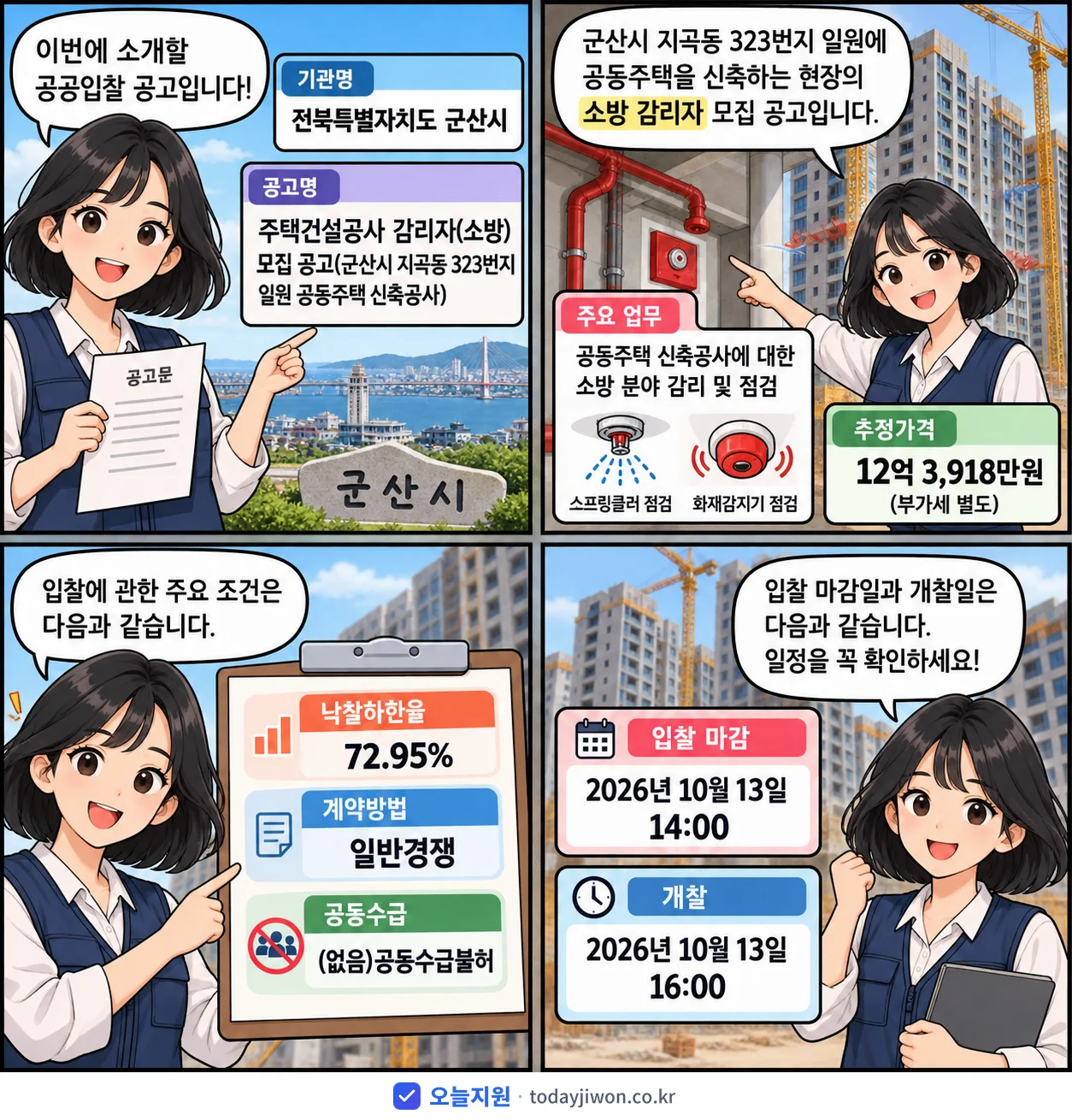 4컷 만화로 보는 공고: 전북특별자치도 군산시 '주택건설공사 감리자(소방) 모집 공고(군산시 지곡동 323번지 일원 공…', 추정가격 12억 3,918만원, 입찰 마감 10/13 14:00