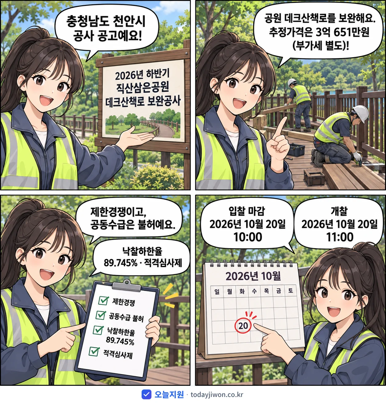 4컷 만화로 보는 공고: 충청남도 천안시 '하반기 직산삼은공원 데크산책로 보완공사', 추정가격 3억 651만원, 입찰 마감 10/20 10:00