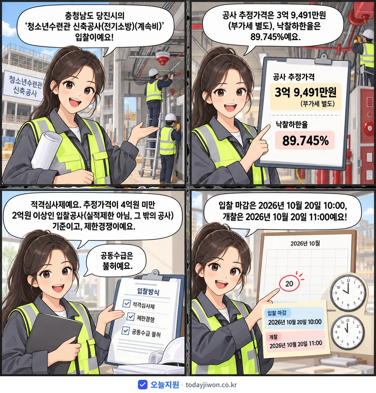 4컷 만화로 보는 공고: 충청남도 당진시 '청소년수련관 신축공사(전기소방)(계속비)', 추정가격 3억 9,491만원, 입찰 마감 10/20 10:00