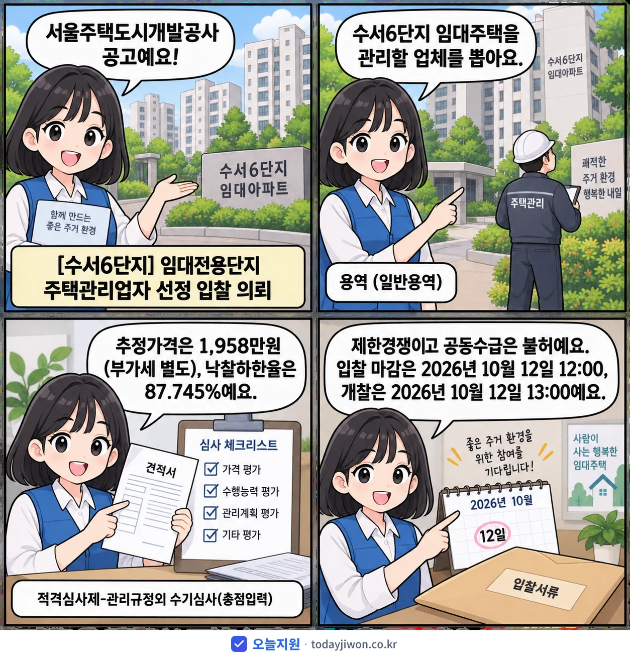 4컷 만화로 보는 공고: 서울주택도시개발공사 '임대전용단지 주택관리업자 선정 입찰 의뢰', 추정가격 1,958만원, 입찰 마감 10/12 12:00