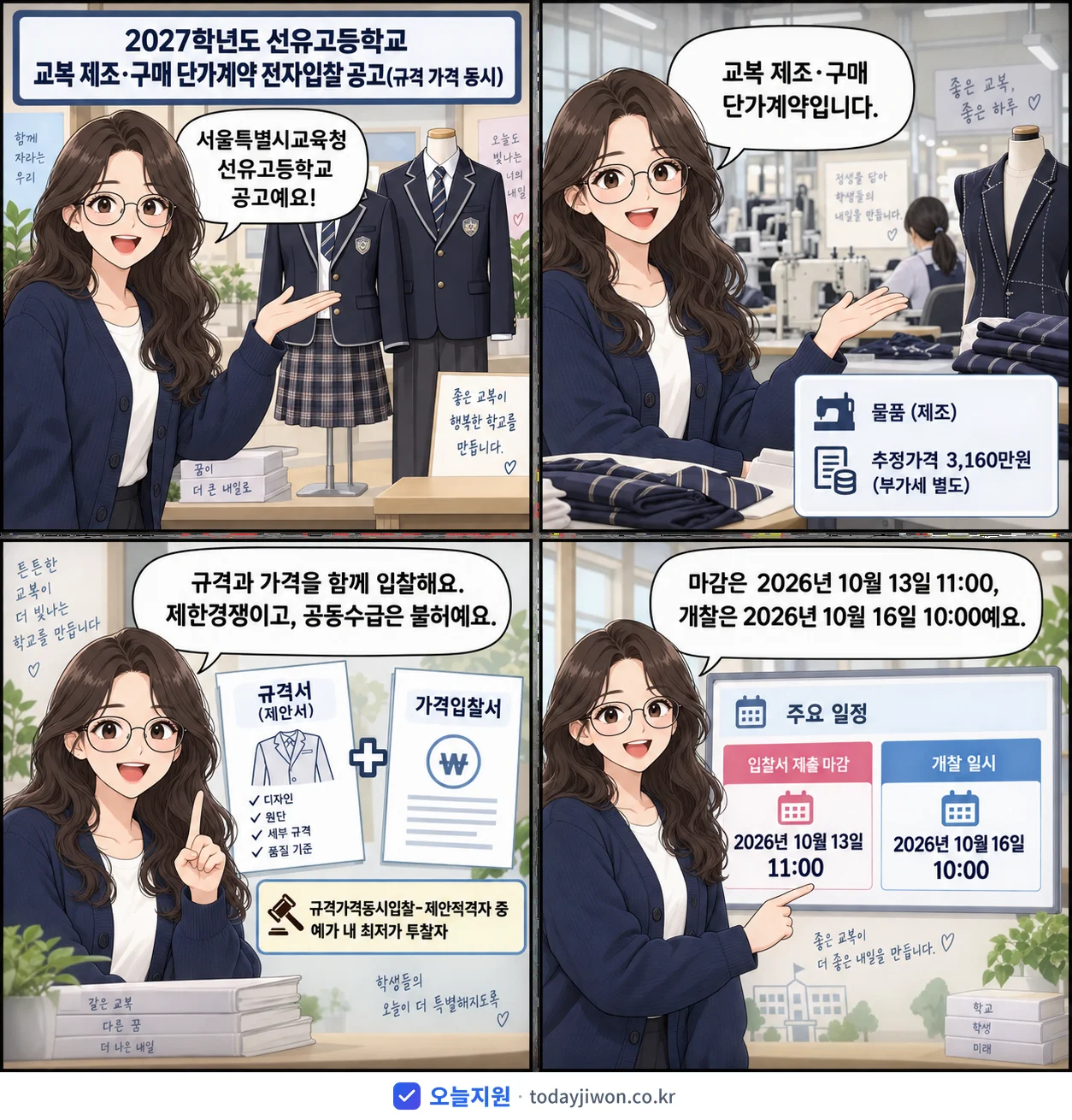 4컷 만화로 보는 공고: 서울특별시교육청 선유고등학교 '학년도 선유고등학교 교복 제조·구매 단가계약 전자입찰 공고(규격 가격…', 추정가격 3,160만원, 입찰 마감 10/13 11:00