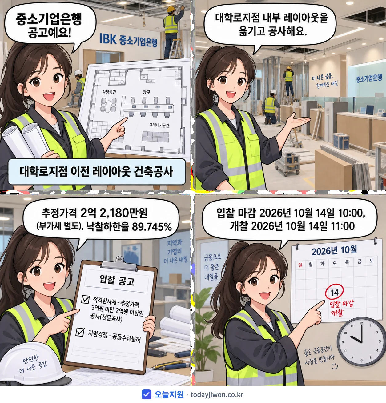 4컷 만화로 보는 공고: 중소기업은행 '대학로지점 이전 레이아웃 건축공사', 추정가격 2억 2,180만원, 입찰 마감 10/14 10:00