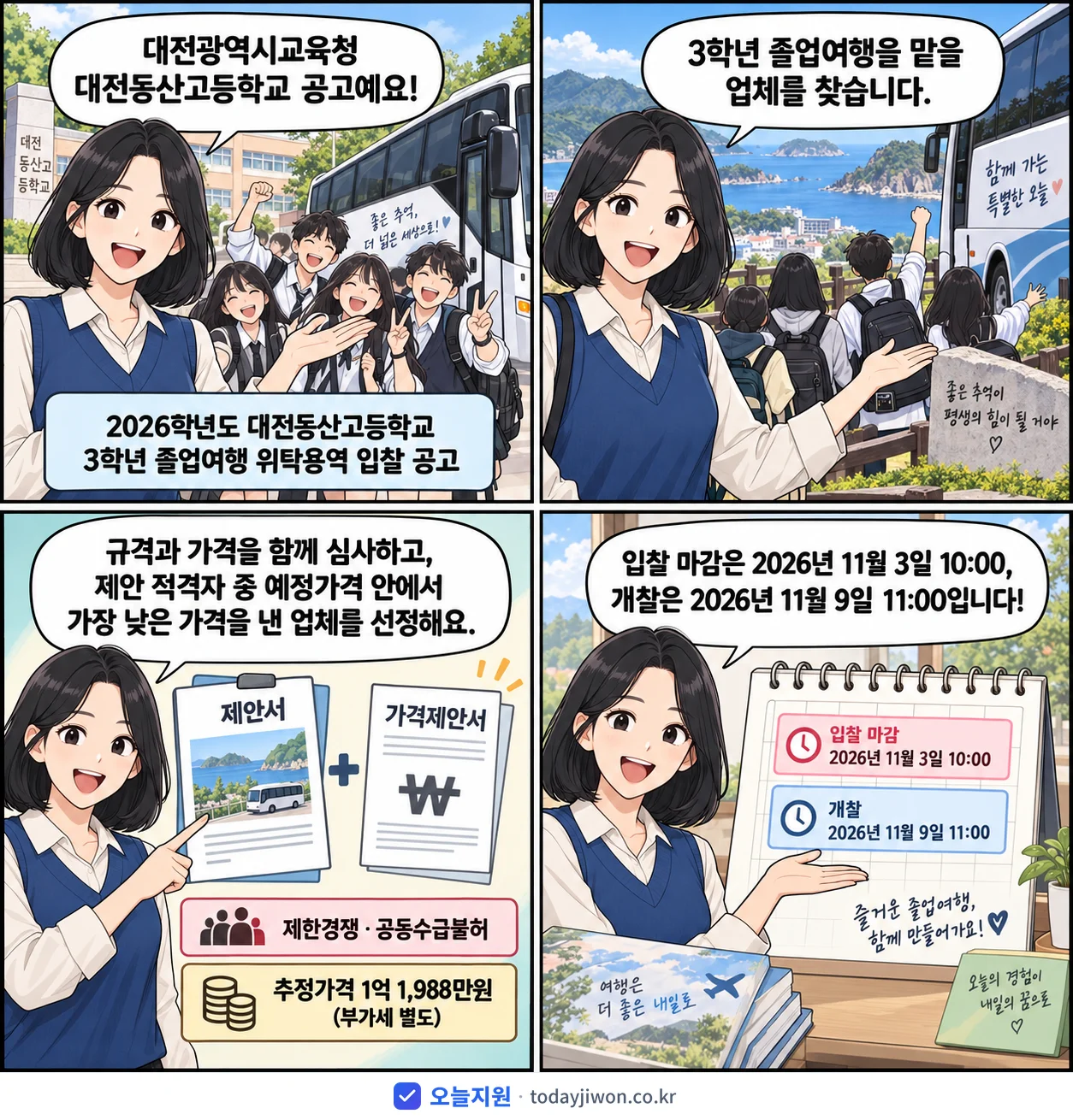 4컷 만화로 보는 공고: 대전광역시교육청 대전동산고등학교 '학년도 대전동산고등학교 3학년 졸업여행 위탁용역 입찰 공고', 추정가격 1억 1,988만원, 입찰 마감 11/3 10:00
