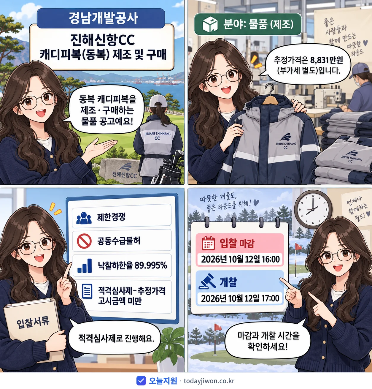 4컷 만화로 보는 공고: 경남개발공사 '진해신항CC 캐디피복(동복) 제조 및 구매', 추정가격 8,831만원, 입찰 마감 10/12 16:00
