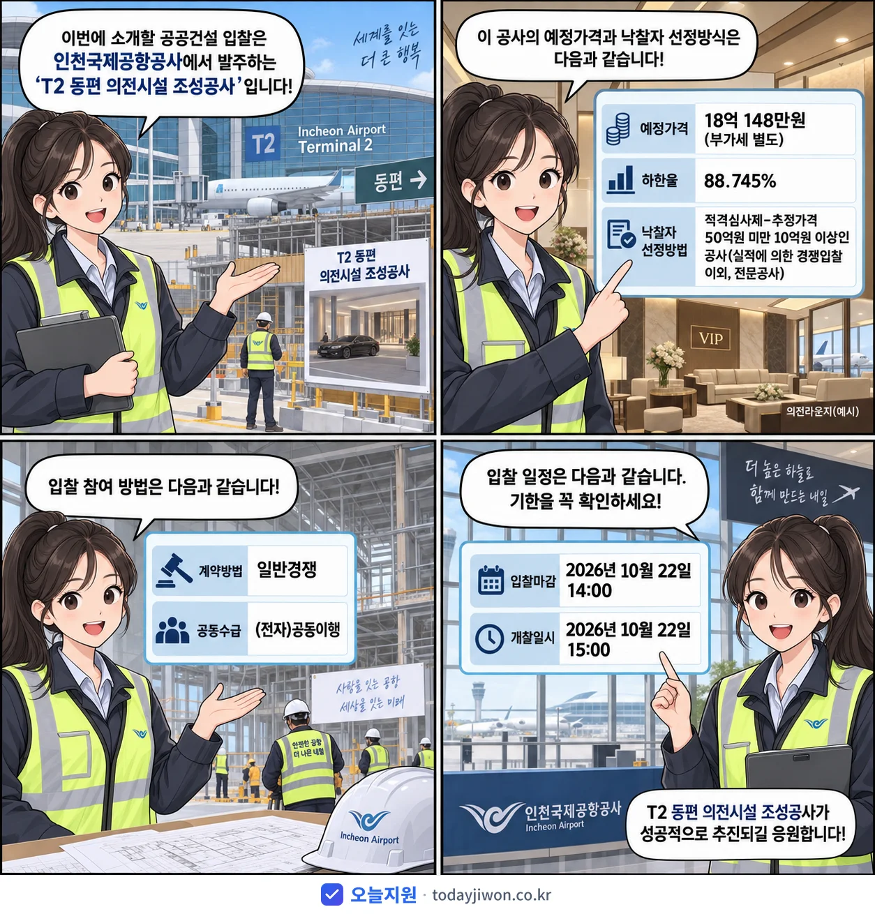 4컷 만화로 보는 공고: 인천국제공항공사 'T2 동편 의전시설 조성공사', 추정가격 18억 148만원, 입찰 마감 10/22 14:00