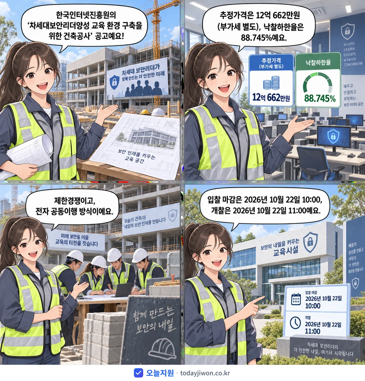 4컷 만화로 보는 공고: 한국인터넷진흥원 '차세대보안리더양성 교육 환경 구축을 위한 건축공사', 추정가격 12억 662만원, 입찰 마감 10/22 10:00