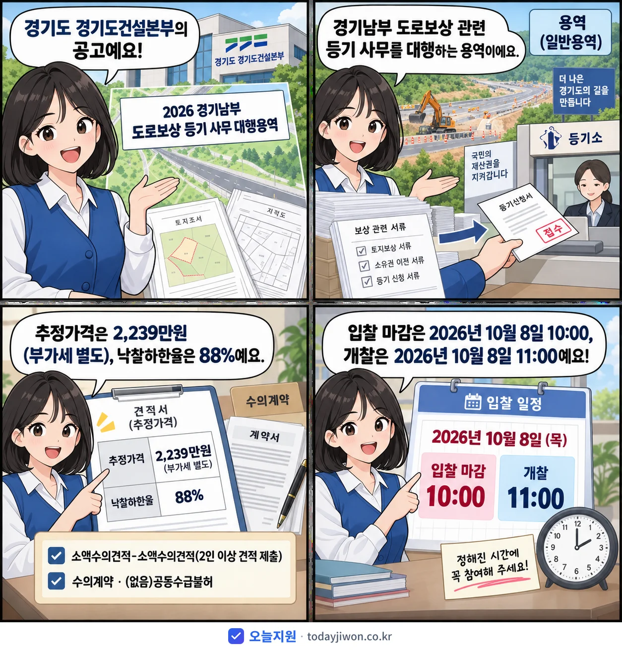 4컷 만화로 보는 공고: 경기도 경기도건설본부 '경기남부 도로보상 등기 사무 대행용역', 추정가격 2,239만원, 입찰 마감 10/8 10:00