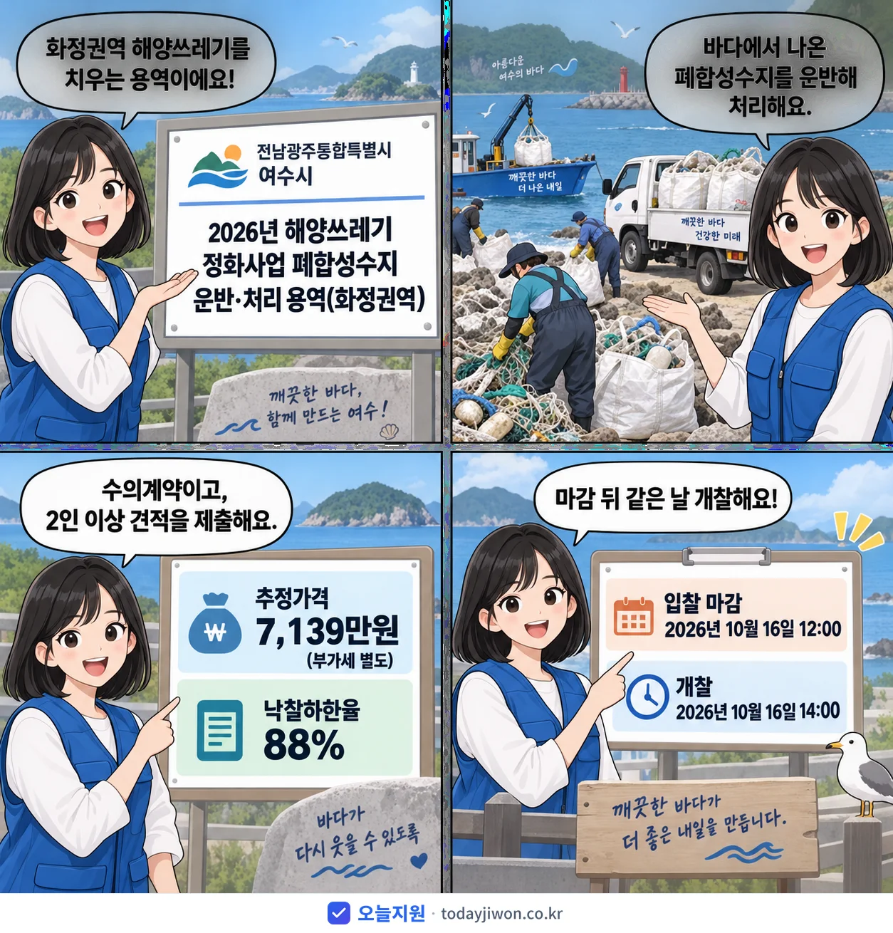 4컷 만화로 보는 공고: 전남광주통합특별시 여수시 '해양쓰레기 정화사업 폐합성수지 운반·처리 용역(화정권역)', 추정가격 7,139만원, 입찰 마감 10/16 12:00