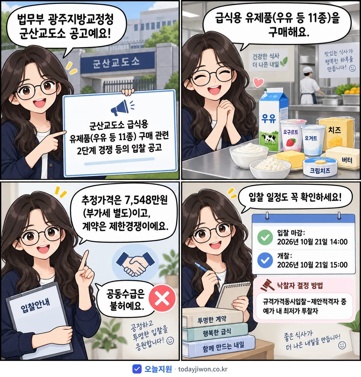 4컷 만화로 보는 공고: 법무부 광주지방교정청 군산교도소 '군산교도소 급식용 유제품(우유 등 11종) 구매 관련 2단계 경쟁 등의…', 추정가격 7,548만원, 입찰 마감 10/21 14:00