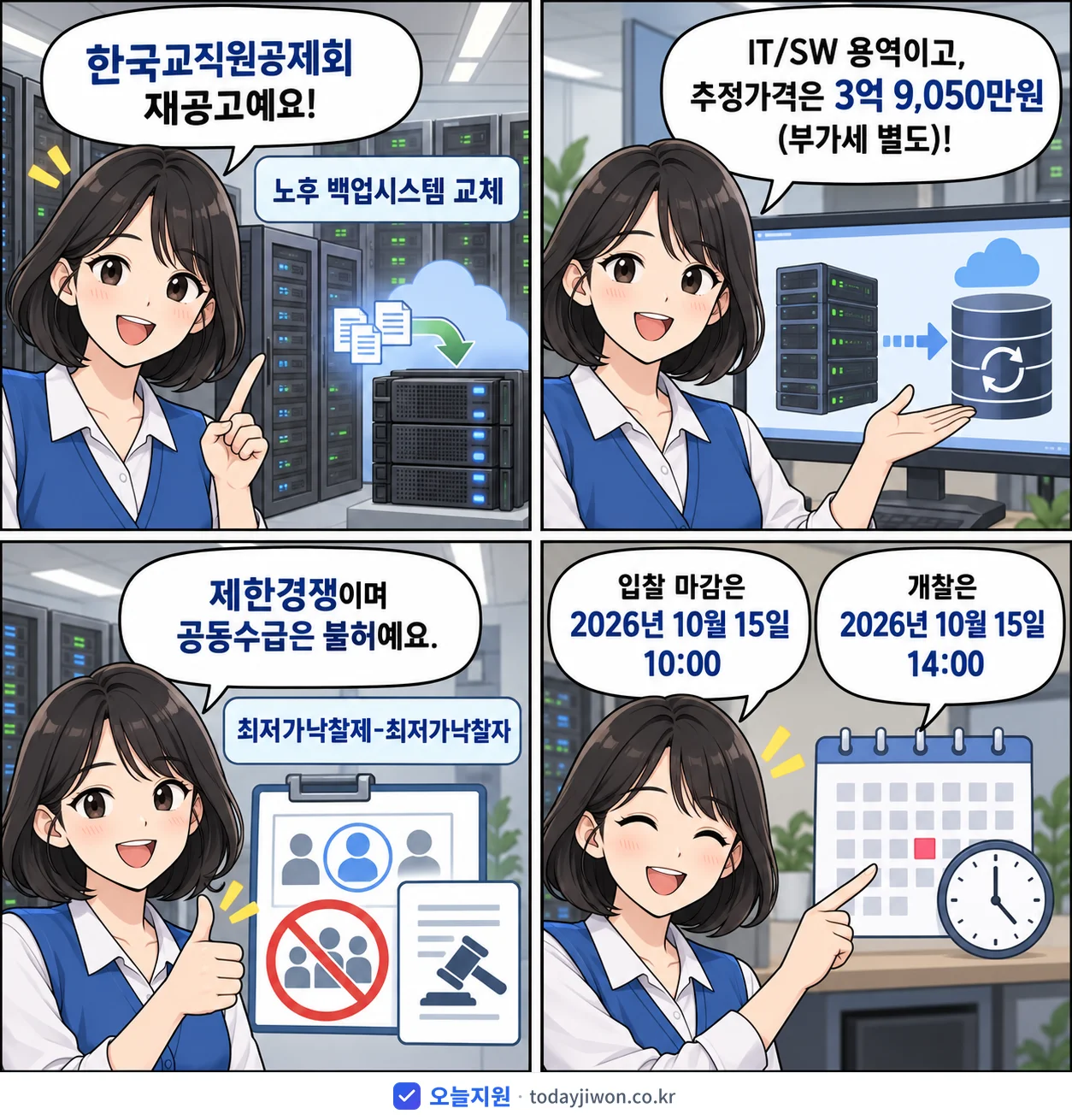 4컷 만화로 보는 공고: 한국교직원공제회 '노후 백업시스템 교체', 추정가격 3억 9,050만원, 입찰 마감 10/15 10:00