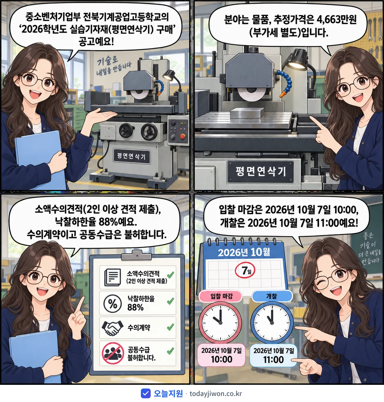 4컷 만화로 보는 공고: 중소벤처기업부 전북기계공업고등학교 '학년도 실습기자재(평면연삭기) 구매', 추정가격 4,663만원, 입찰 마감 10/7 10:00