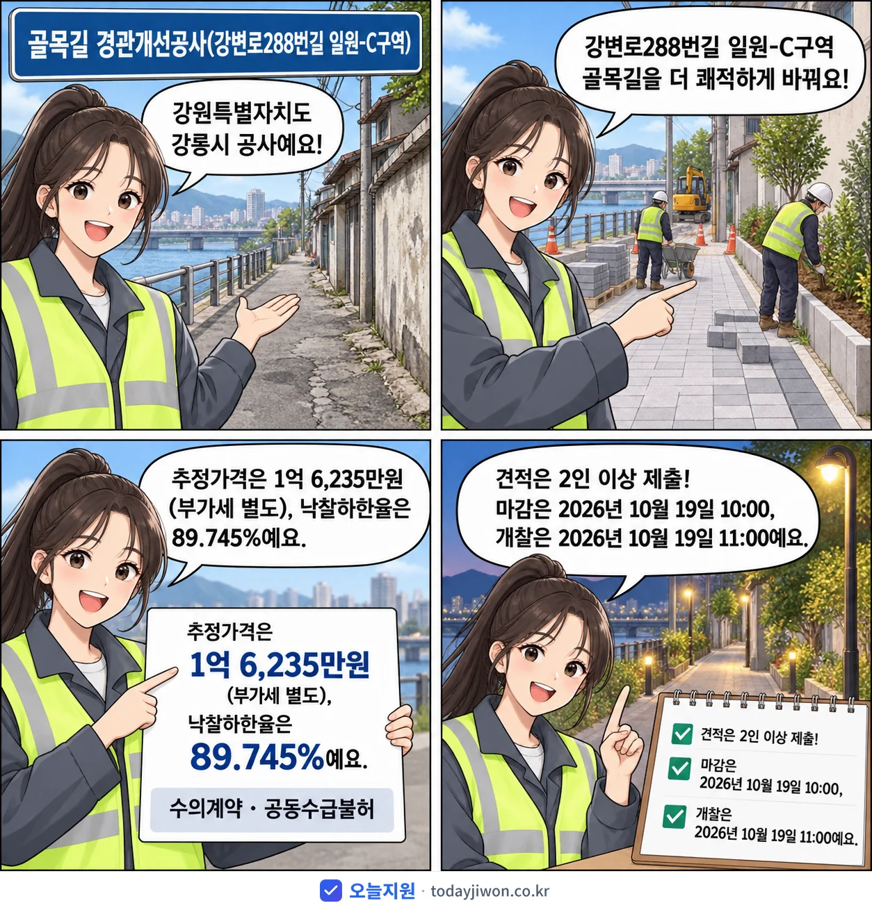 4컷 만화로 보는 공고: 강원특별자치도 강릉시 '골목길 경관개선공사(강변로288번길 일원-C구역)', 추정가격 1억 6,235만원, 입찰 마감 10/19 10:00