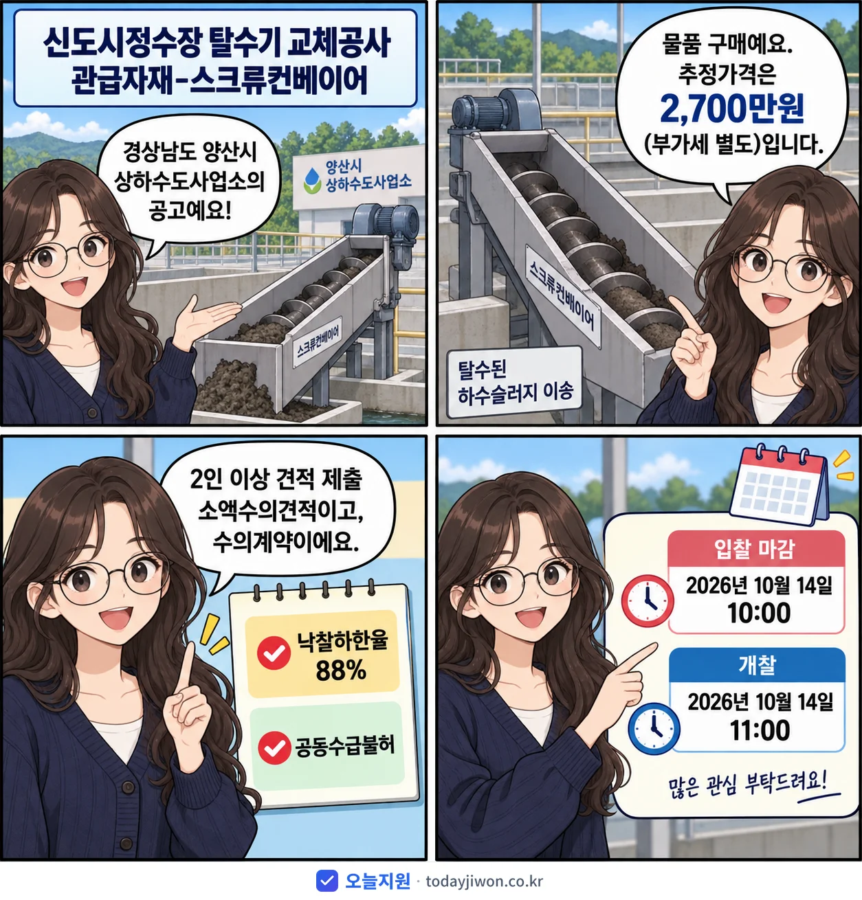 4컷 만화로 보는 공고: 경상남도 양산시 상하수도사업소 '신도시정수장 탈수기 교체공사 관급자재-스크류컨베이어', 추정가격 2,700만원, 입찰 마감 10/14 10:00