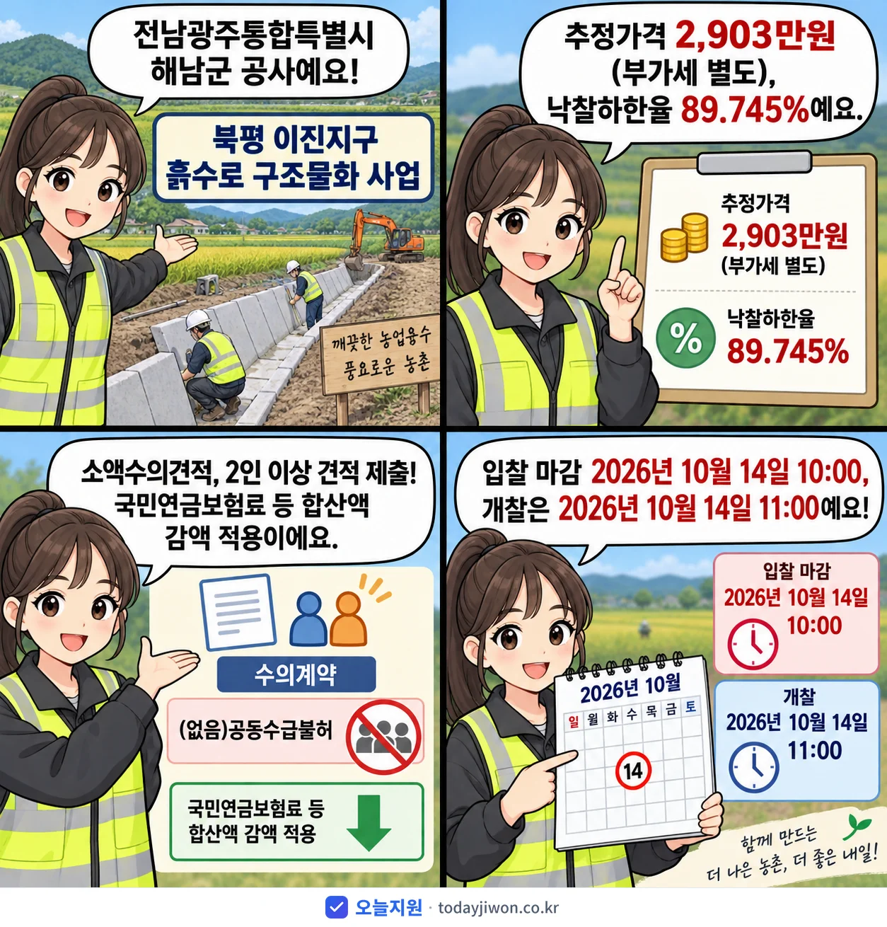 4컷 만화로 보는 공고: 전남광주통합특별시 해남군 '북평 이진지구 흙수로 구조물화 사업', 추정가격 2,903만원, 입찰 마감 10/14 10:00