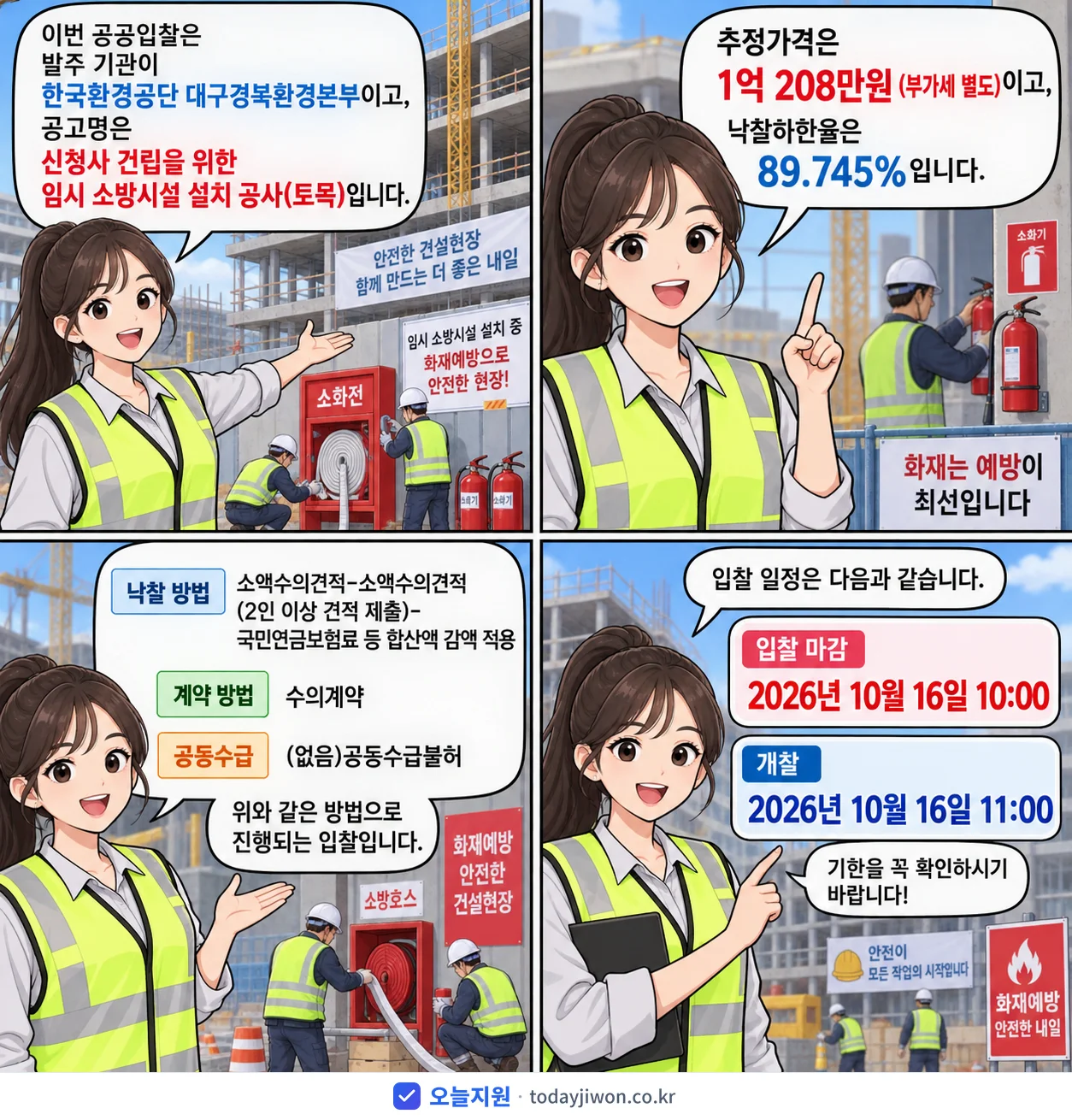 4컷 만화로 보는 공고: 한국환경공단 대구경북환경본부 '신청사 건립을 위한 임시 소방시설 설치 공사(토목)', 추정가격 1억 208만원, 입찰 마감 10/16 10:00