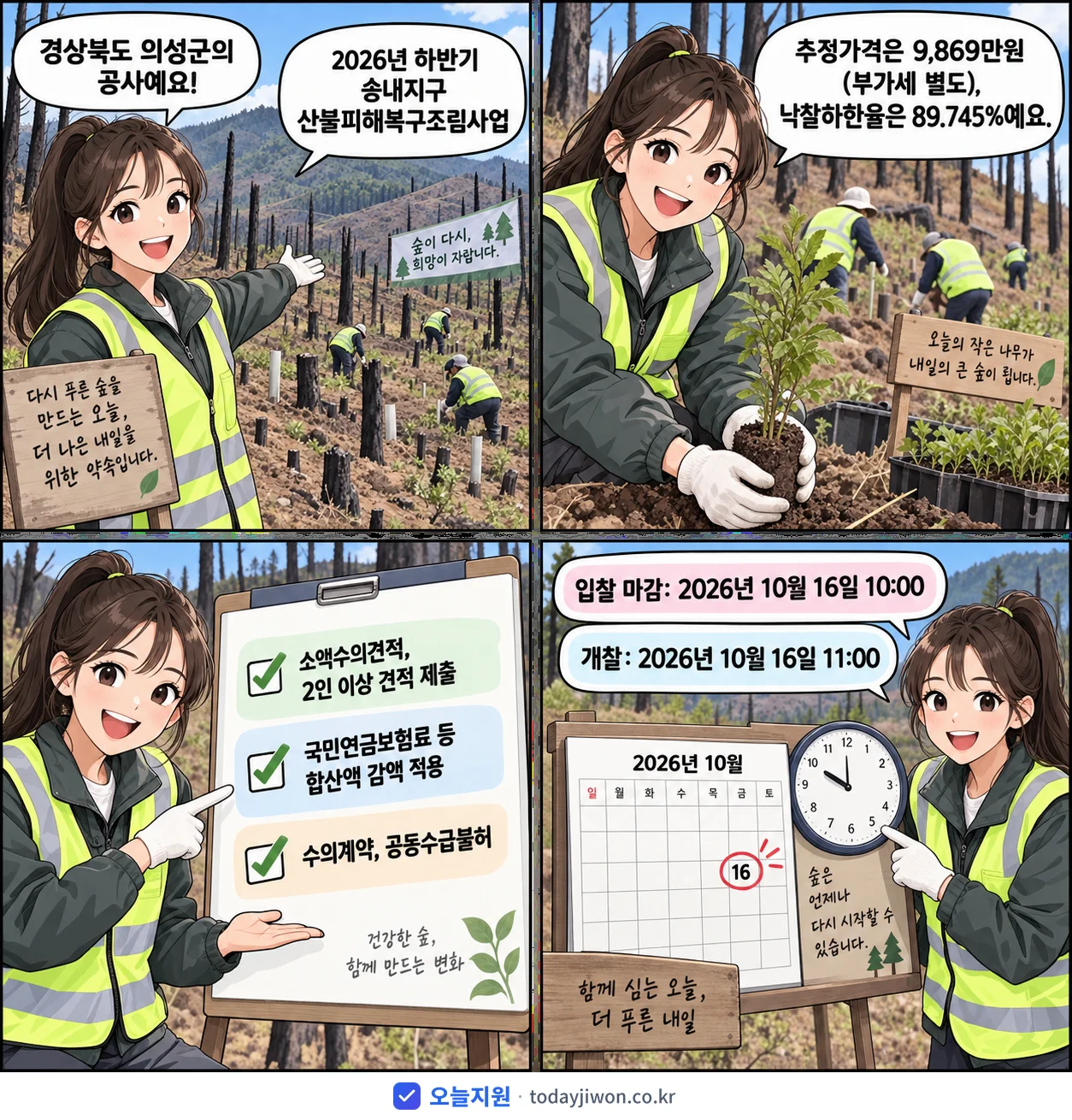 4컷 만화로 보는 공고: 경상북도 의성군 '하반기 송내지구 산불피해복구조림사업', 추정가격 9,869만원, 입찰 마감 10/16 10:00