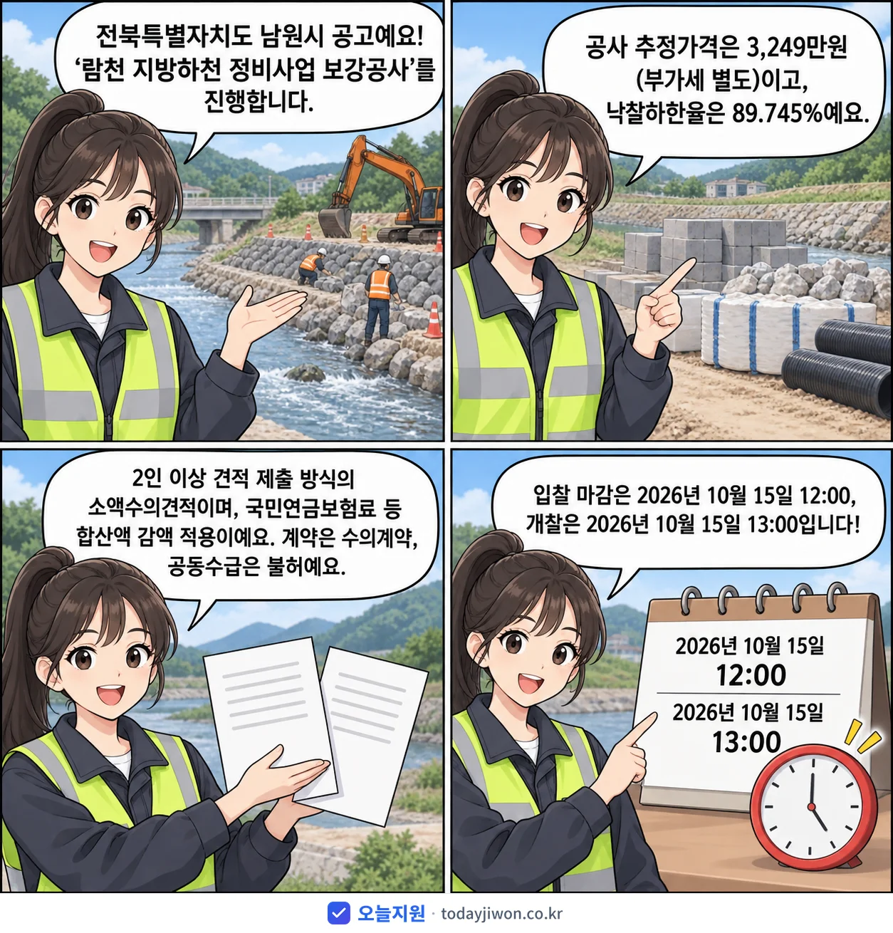 4컷 만화로 보는 공고: 전북특별자치도 남원시 '람천 지방하천 정비사업 보강공사', 추정가격 3,249만원, 입찰 마감 10/15 12:00