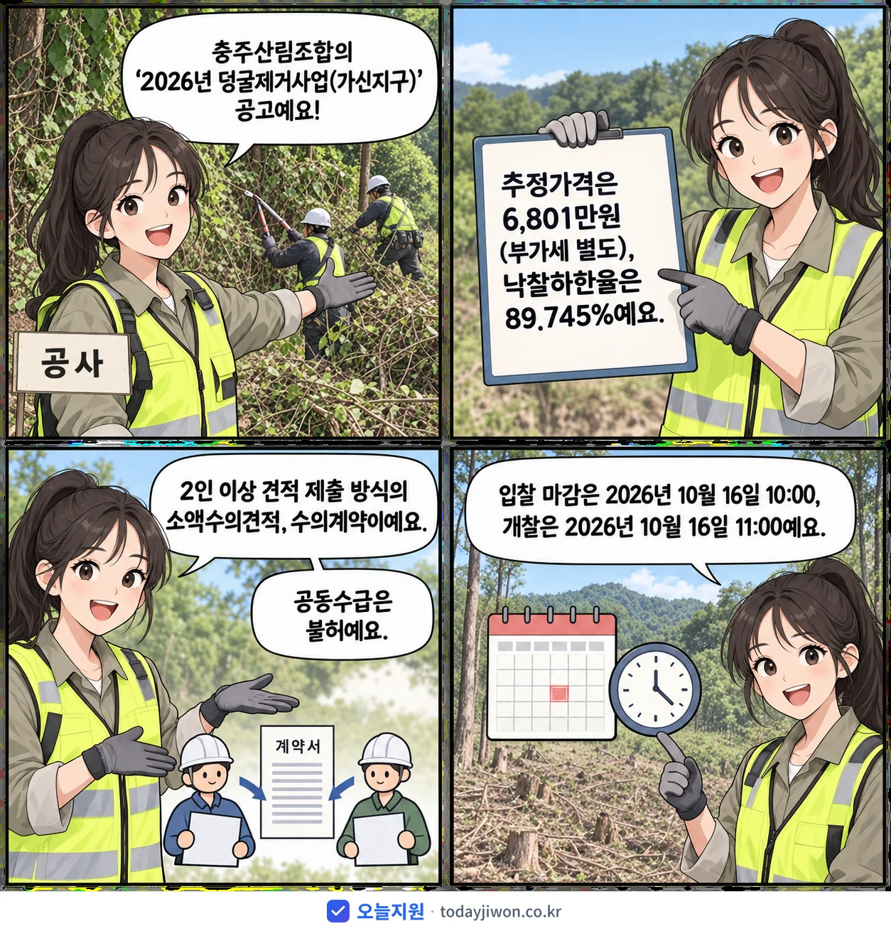 4컷 만화로 보는 공고: 충주산림조합 '덩굴제거사업(가신지구)', 추정가격 6,801만원, 입찰 마감 10/16 10:00