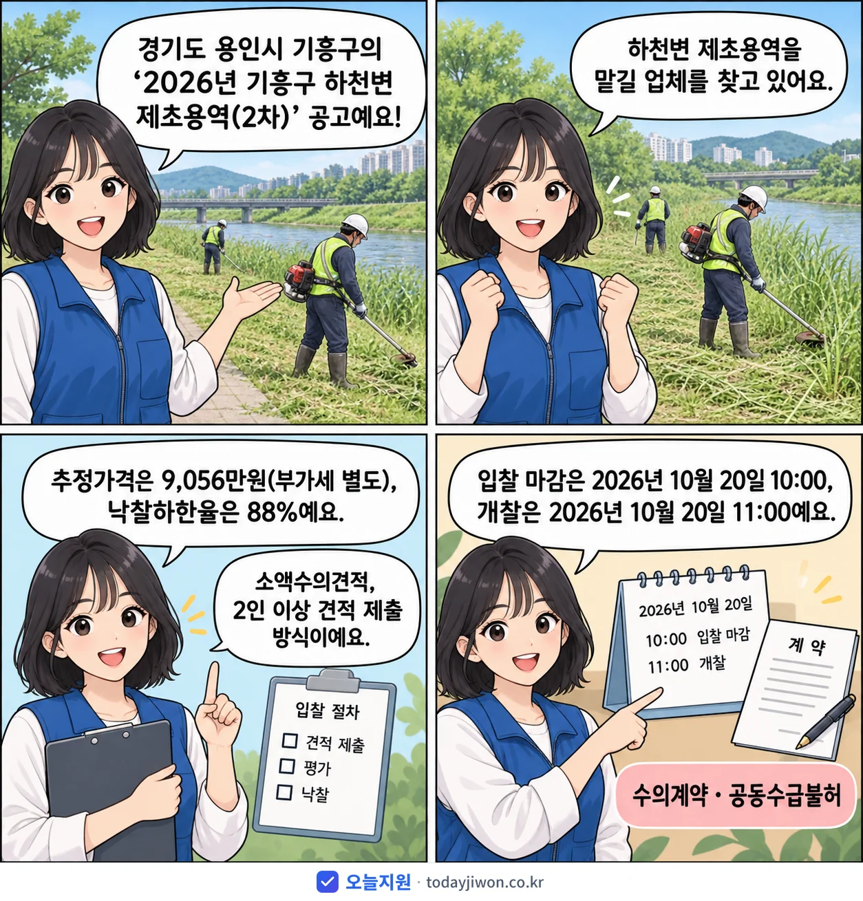 4컷 만화로 보는 공고: 경기도 용인시 기흥구 '기흥구 하천변 제초용역(2차)', 추정가격 9,056만원, 입찰 마감 10/20 10:00
