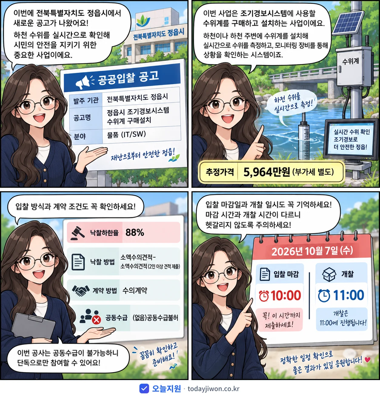 4컷 만화로 보는 공고: 전북특별자치도 정읍시 '정읍시 조기경보시스템 수위계 구매설치', 추정가격 5,964만원, 입찰 마감 10/7 10:00