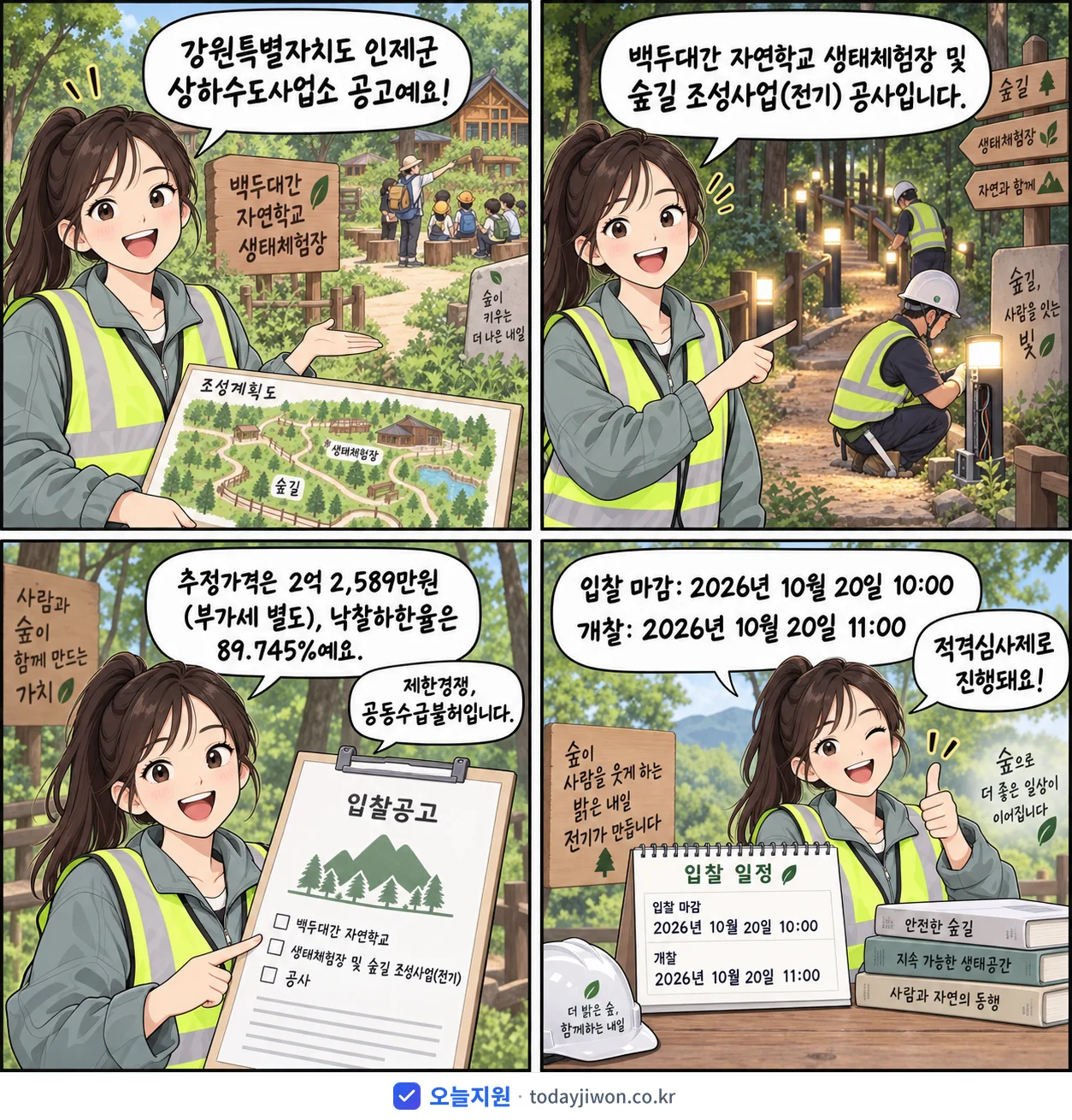 4컷 만화로 보는 공고: 강원특별자치도 인제군 상하수도사업소 '백두대간 자연학교 생태체험장 및 숲길 조성사업(전기)', 추정가격 2억 2,589만원, 입찰 마감 10/20 10:00