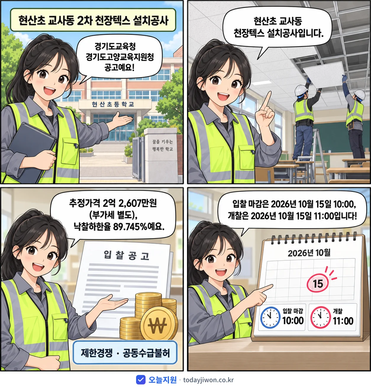 4컷 만화로 보는 공고: 경기도교육청 경기도고양교육지원청 '현산초 교사동 2차 천장텍스 설치공사', 추정가격 2억 2,607만원, 입찰 마감 10/15 10:00