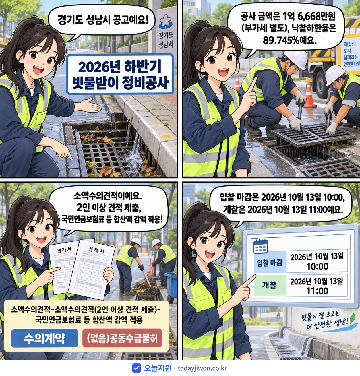 4컷 만화로 보는 공고: 경기도 성남시 '하반기 빗물받이 정비공사', 추정가격 1억 6,668만원, 입찰 마감 10/13 10:00