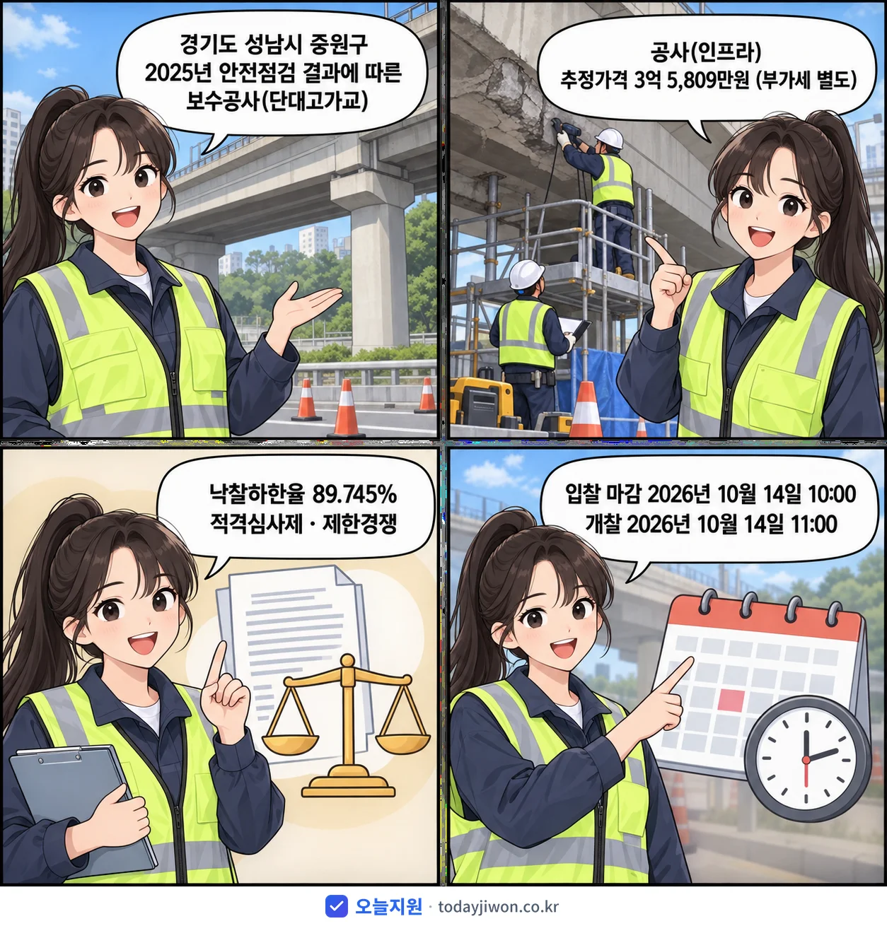 4컷 만화로 보는 공고: 경기도 성남시 중원구 '안전점검 결과에 따른 보수공사(단대고가교)', 추정가격 3억 5,809만원, 입찰 마감 10/14 10:00