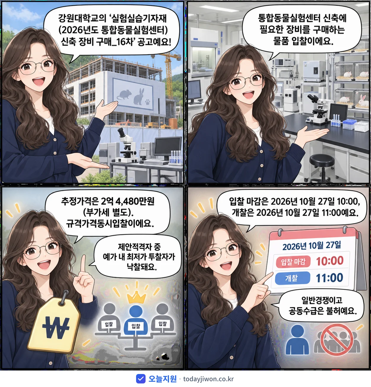 4컷 만화로 보는 공고: 강원대학교 '실험실습기자재(2026년도 통합동물실험센터) 신축 장비 구매_16차', 추정가격 2억 4,480만원, 입찰 마감 10/27 10:00