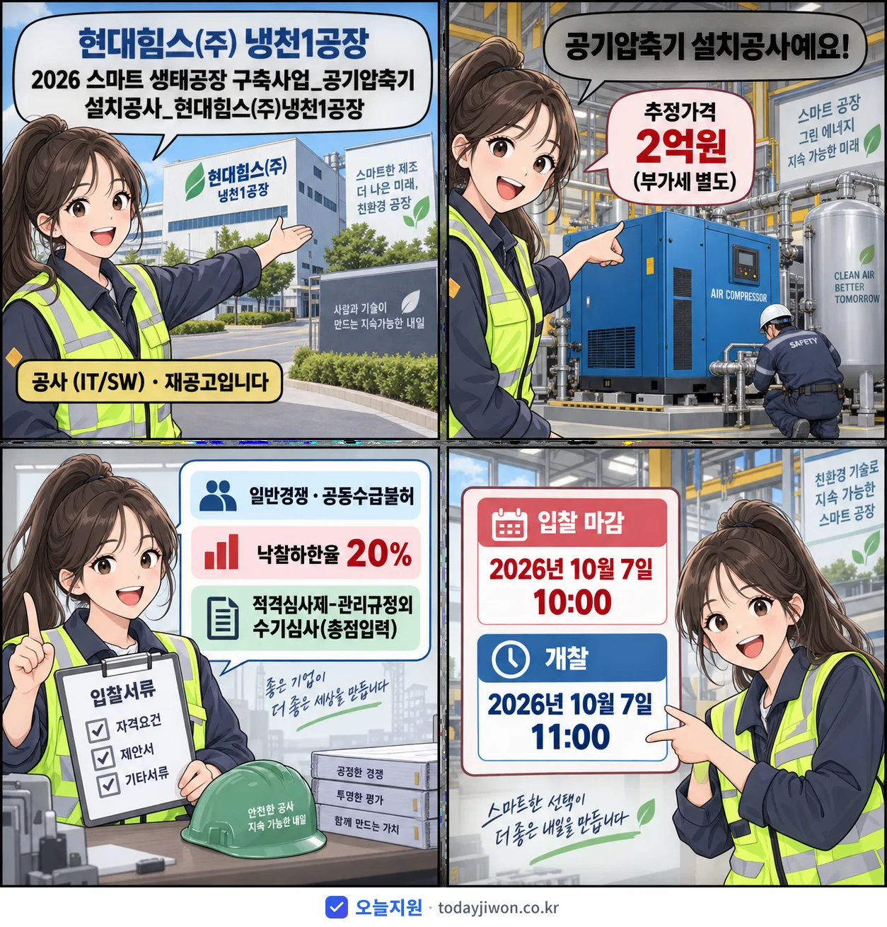 4컷 만화로 보는 공고: 현대힘스(주) 냉천1공장 '스마트 생태공장 구축사업_공기압축기 설치공사_현대힘스(주)냉천1공장', 추정가격 2억원, 입찰 마감 10/7 10:00