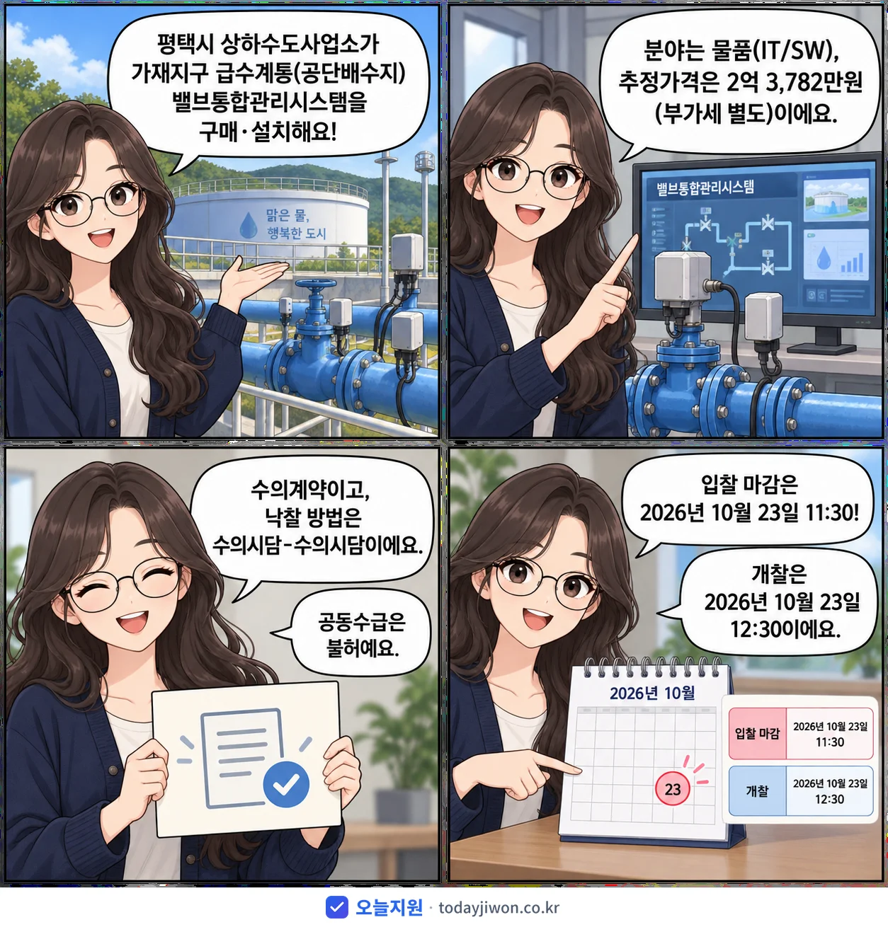 4컷 만화로 보는 공고: 경기도 평택시 상하수도사업소 '가재지구 급수계통(공단배수지) 밸브통합관리시스템 구매설치', 추정가격 2억 3,782만원, 입찰 마감 10/23 11:30