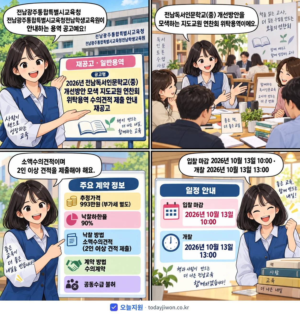 4컷 만화로 보는 공고: 전남광주통합특별시교육청 전남광주통합특별시교육청전남학생교육원 '전남독서인문학교(중) 개선방안 모색 지도교원 연찬회 위탁용역 수의견적…', 추정가격 993만원, 입찰 마감 10/13 10:00