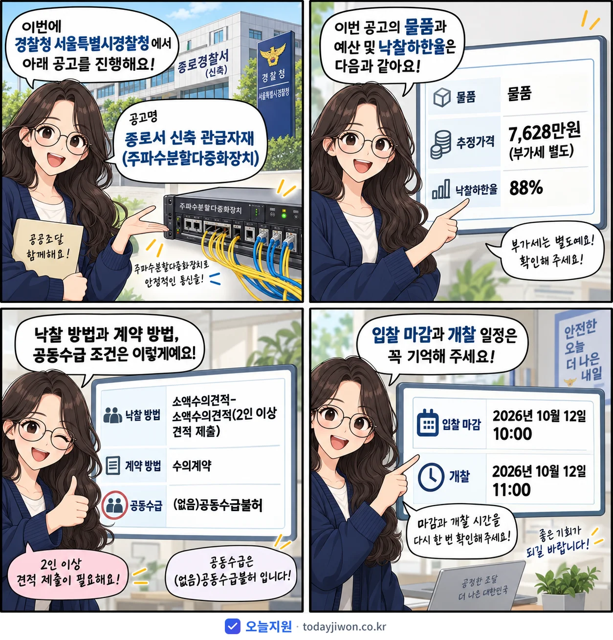 4컷 만화로 보는 공고: 경찰청 서울특별시경찰청 '종로서 신축 관급자재(주파수분할다중화장치)', 추정가격 7,628만원, 입찰 마감 10/12 10:00