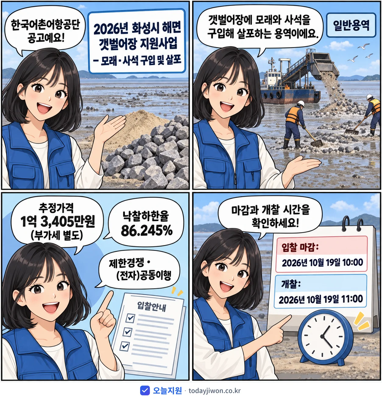 4컷 만화로 보는 공고: 한국어촌어항공단 '화성시 해면 갯벌어장 지원사업 - 모래·사석 구입 및 살포', 추정가격 1억 3,405만원, 입찰 마감 10/19 10:00