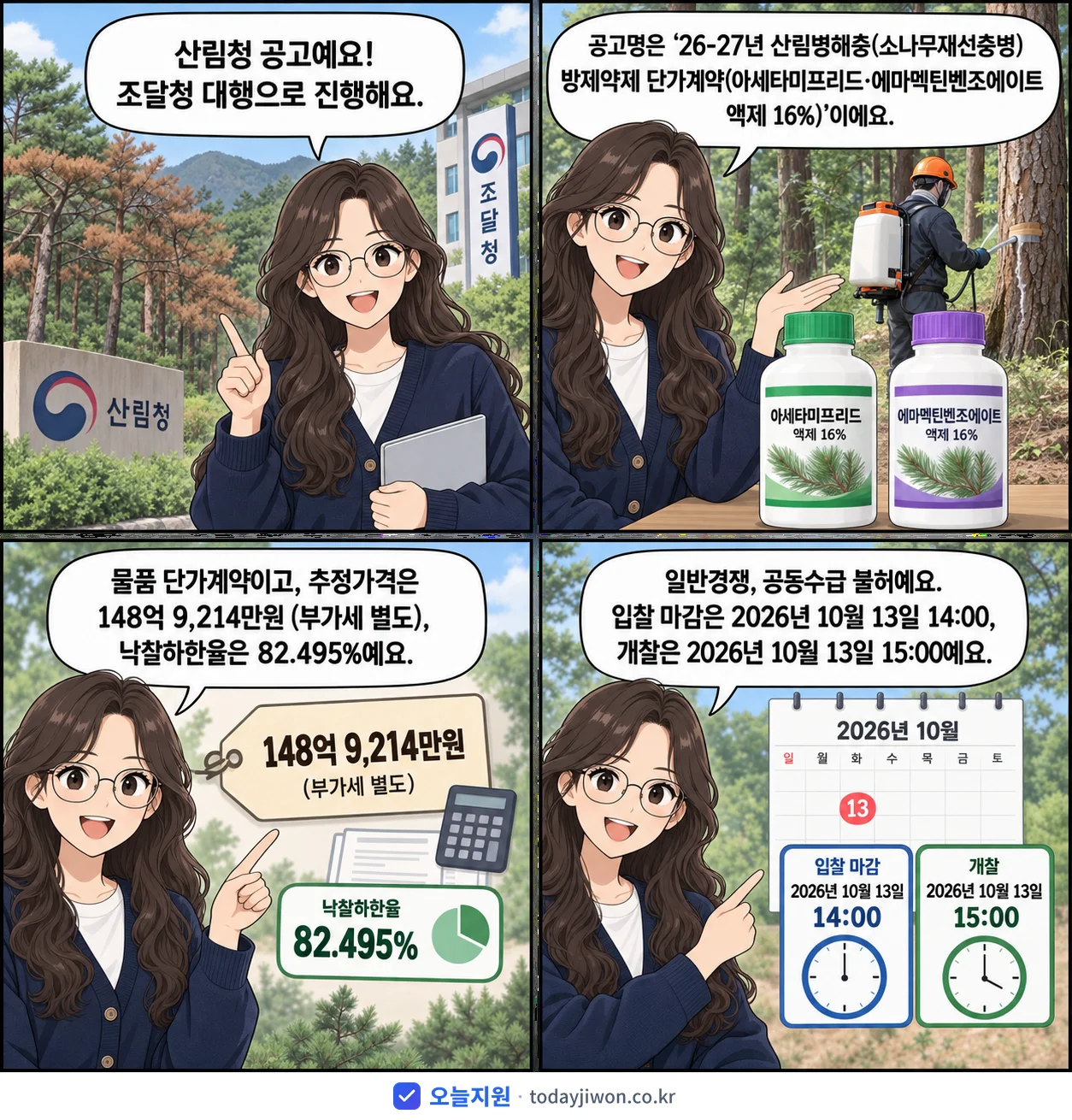 4컷 만화로 보는 공고: 산림청 '26-27년 산림병해충(소나무재선충병) 방제약제 단가계약(아세타미프리드…', 추정가격 148억 9,214만원, 입찰 마감 10/13 14:00