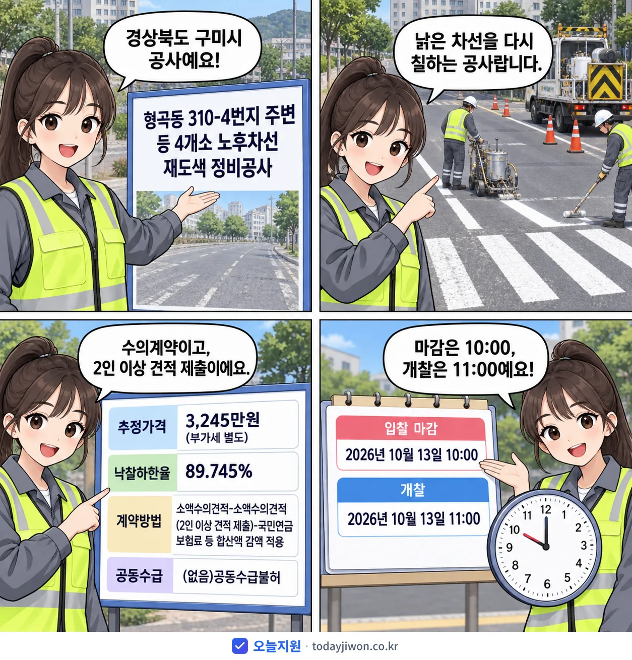4컷 만화로 보는 공고: 경상북도 구미시 '형곡동 310-4번지 주변 등 4개소 노후차선 재도색 정비공사', 추정가격 3,245만원, 입찰 마감 10/13 10:00