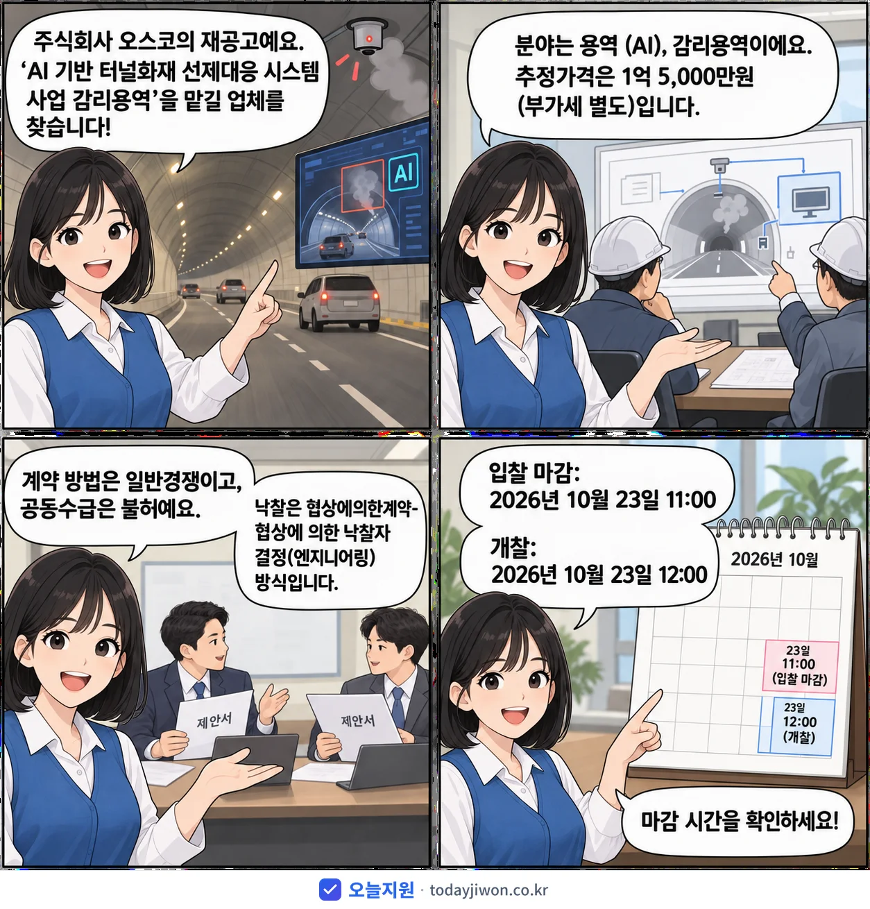 4컷 만화로 보는 공고: 주식회사 오스코 'AI 기반 터널화재 선제대응 시스템 사업 감리용역', 추정가격 1억 5,000만원, 입찰 마감 10/23 11:00