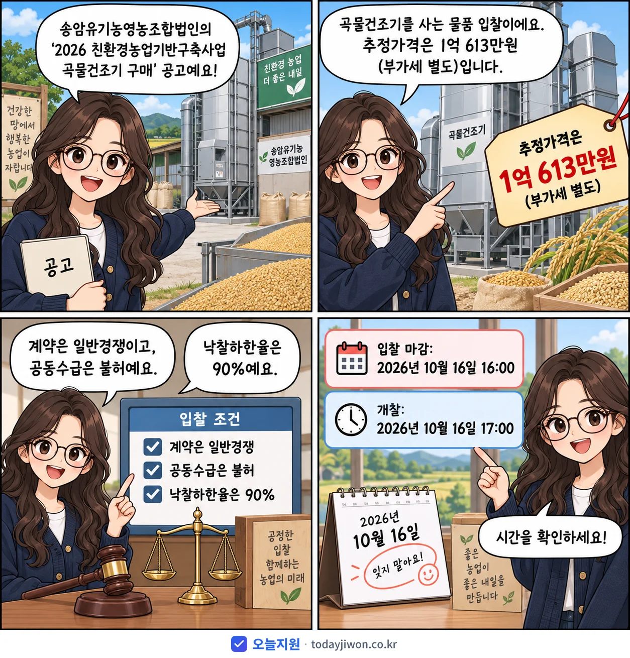 4컷 만화로 보는 공고: 송암유기농영농조합법인 '친환경농업기반구축사업 곡물건조기 구매', 추정가격 1억 613만원, 입찰 마감 10/16 16:00