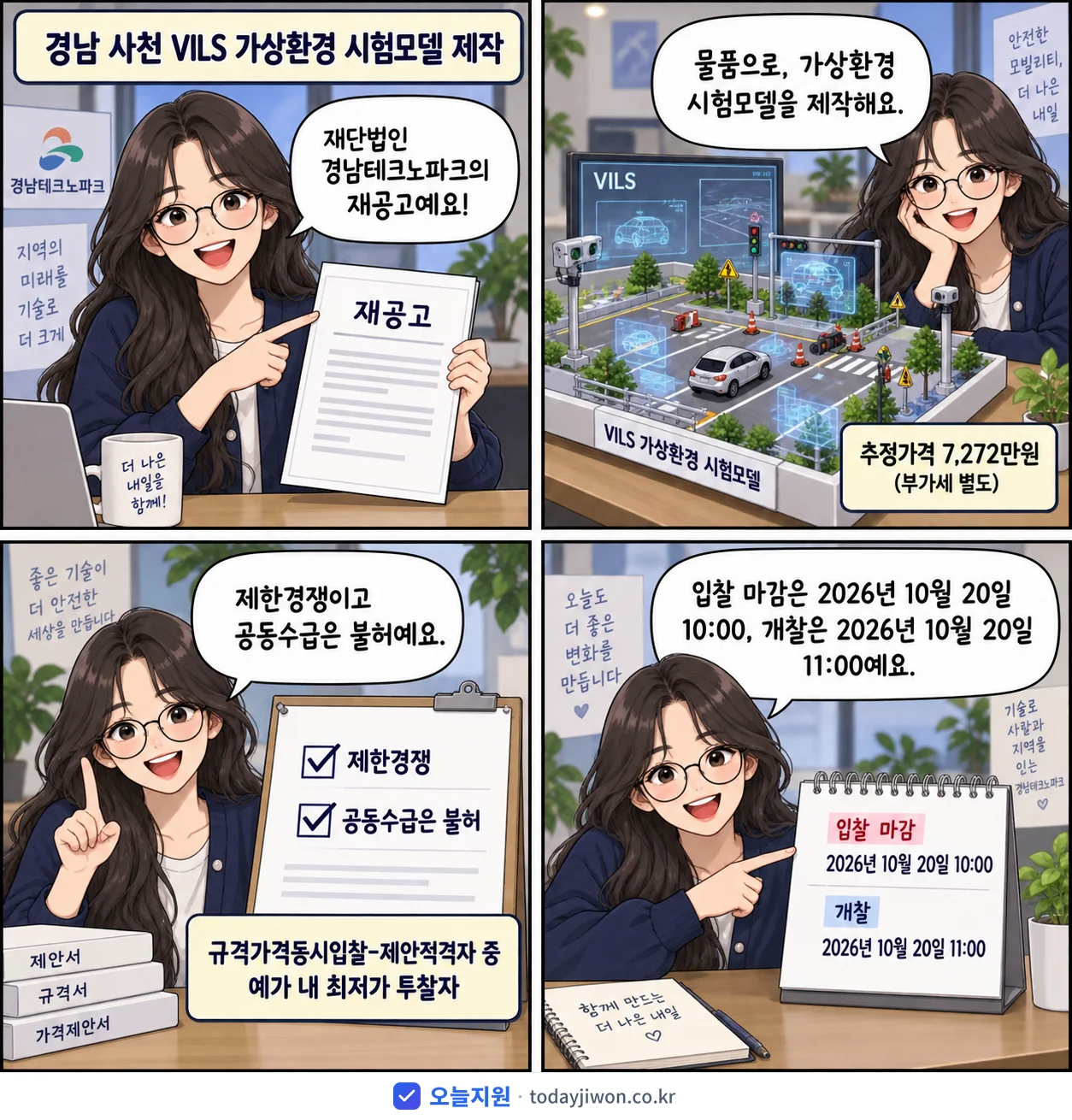 4컷 만화로 보는 공고: 재단법인 경남테크노파크 '경남 사천 VILS 가상환경 시험모델 제작', 추정가격 7,272만원, 입찰 마감 10/20 10:00