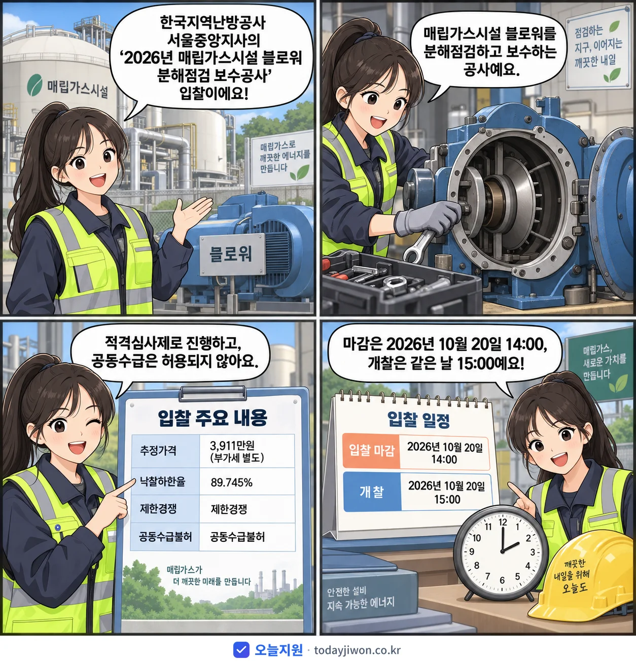 4컷 만화로 보는 공고: 한국지역난방공사 서울중앙지사 '매립가스시설 블로워 분해점검 보수공사', 추정가격 3,911만원, 입찰 마감 10/20 14:00