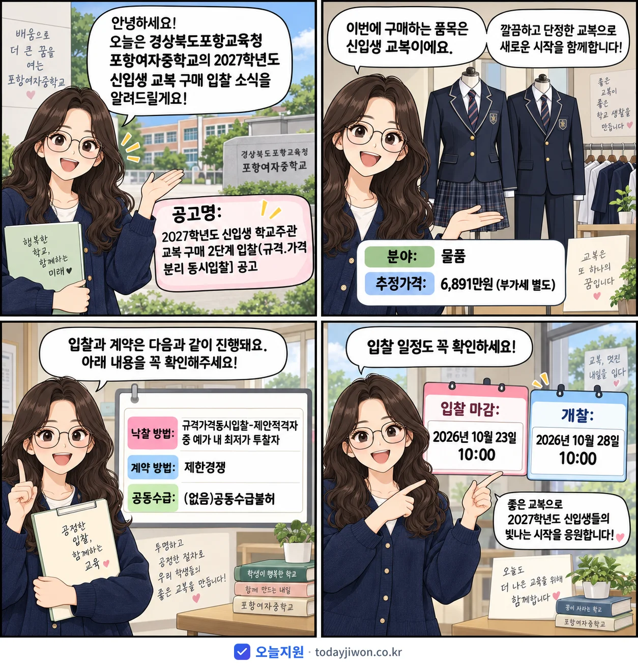 4컷 만화로 보는 공고: 경상북도포항교육청 포항여자중학교 '학년도 신입생 학교주관 교복 구매 2단계 입찰(규격.가격 분리 동시입찰…', 추정가격 6,891만원, 입찰 마감 10/23 10:00