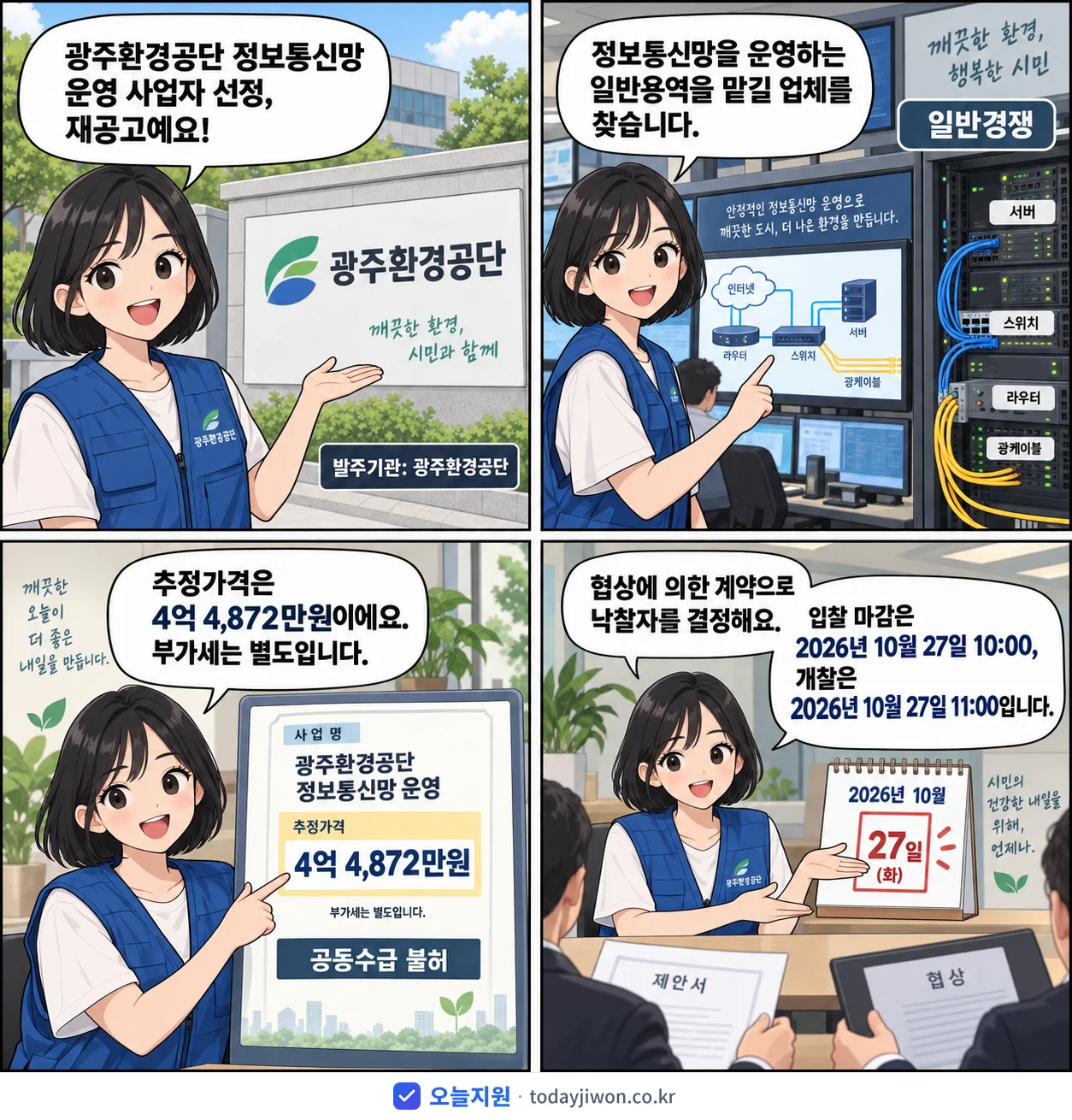4컷 만화로 보는 공고: 광주환경공단 '광주환경공단 정보통신망 운영 사업자 선정', 추정가격 4억 4,872만원, 입찰 마감 10/27 10:00
