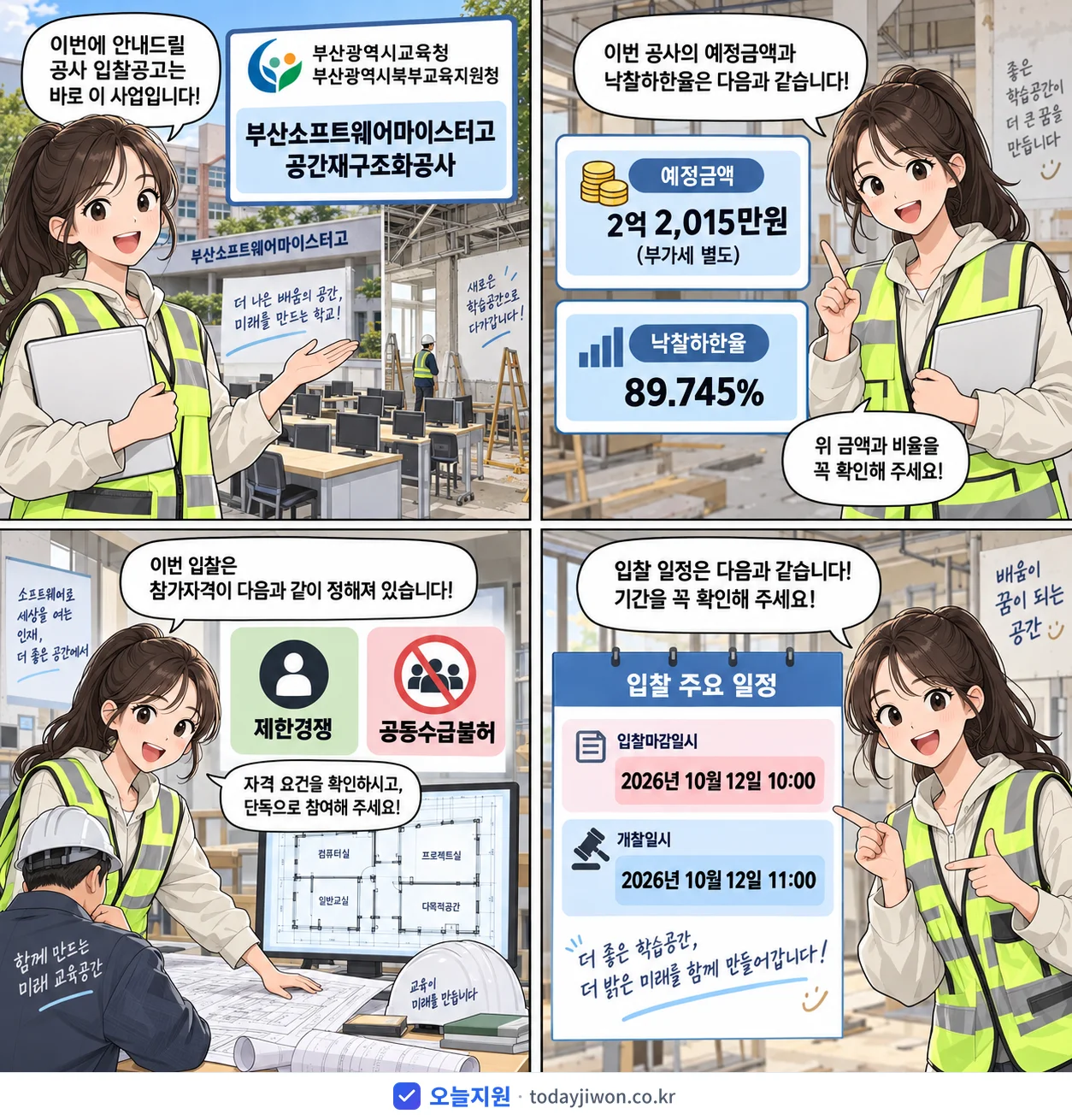 4컷 만화로 보는 공고: 부산광역시교육청 부산광역시북부교육지원청 '부산소프트웨어마이스터고 공간재구조화공사', 추정가격 2억 2,015만원, 입찰 마감 10/12 10:00